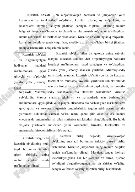 ri haqida ma’lumotlar olinadi. kuzatish birligi deganda, kuzatilayotgan ob’ektning mustaqil bo’linmas tarkibiy unsuri, birligi tushuniladi. kuzatish jarayonida uning muhim belgilari haqida ma’lumotlar olinadi. masalan, sanoat faoliyati tekshirilayotganda har bir korxona va firma, qishloq xo’jaligini o’rganilayotganda har bir shirkat xo’jaligi, dehqon va fermer xo’jaligi kuzatish birligi hisoblanadi. ayrim masalalarni kuzatishda kuzatish birligi bilan birga hisob birligi ham belgilanadi. masalan, chorva ro’yxatida har bir mol turi haqida, asbob-uskunalar ro’yxatida esa har bir mashina, stanok va boshqa asbob- uskunalar haqida, ko’p yillik daraxtlar ro’yxatida har bir daraxt turi haqida batafsil ma’lumotlar to’planadi. bu holda xo’jalik, korxona kuzatish birligi bo’lsa, uning o’rganilayotgan har bir predmeti hisob birligidir. kuzatish dasturi - bu kuzatish jarayonida ma’lumotlari to’plani-shi lozim bo’lgan kuzatish va hisob birligining asosiy belgilaridir. kuzatish dasturi (programmasi) deb o’rganilayotgan hodisa, ob’ekt haqida ma’lumot to’planadigan belgilar ro’yxati yuritiladi. boshqacharoq aytganda, kuzatish dasturi kuzatish jarayonida javoblar olinishi lozim bo’lgan savollar to’plami (ro’yxati)dir. u qanchalik to’g’ri tuzilsa, tekshirish …