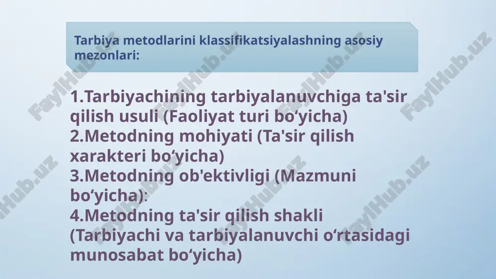 iya metodlari o‘rtasidagi farq ham noaniq bo‘lishi mumkin, chunki ular bir-birini to‘ldirib, birga ishlatiladi. tarbiya metodlarining ijtimoiy va madaniy farqlari tarbiya metodlari har bir jamiyatda va madaniyatda turlicha shakllanadi. bir metod bir ijtimoiy guruhda samarali bo‘lishi mumkin, ammo boshqa guruhda bu metodning ta'siri sezilmasligi yoki umuman yaramasligi mumkin. misol uchun, xalq pedagogikasida yoki ijtimoiy an'analarga asoslangan metodlar o‘zining tarbiyaviy samaradorligini bir hududda ko‘rsatishi mumkin, lekin boshqa hududlarda bu metodlar noto‘g‘ri yoki samarali bo‘lmasligi mumkin. tarbiya metodlarini universal qilib tasniflashda ijtimoiy, madaniy va iqtisodiy farqlarni hisobga olish zarur. metodlarning yoshi va shaxsiy xususiyatlariga moslashuvi har bir tarbiya metodi turli yoshdagi bolalar uchun mos ravishda tanlanishi kerak, lekin yoshga qarab metodlarni aniq tasniflashda muammolar paydo bo‘ladi. masalan, bolalar uchun metodlar kattalar uchun mos bo‘lmasligi mumkin, va aksincha. yosh va shaxsiyat xususiyatlarini inobatga olib, metodlarni aniqlash va guruhlash juda murakkab bo‘lishi mumkin. bunda yoshning rivojlanish bosqichlari, xulq-atvor o‘zgarishlari va shaxsiy ehtiyojlarni hisobga olish …