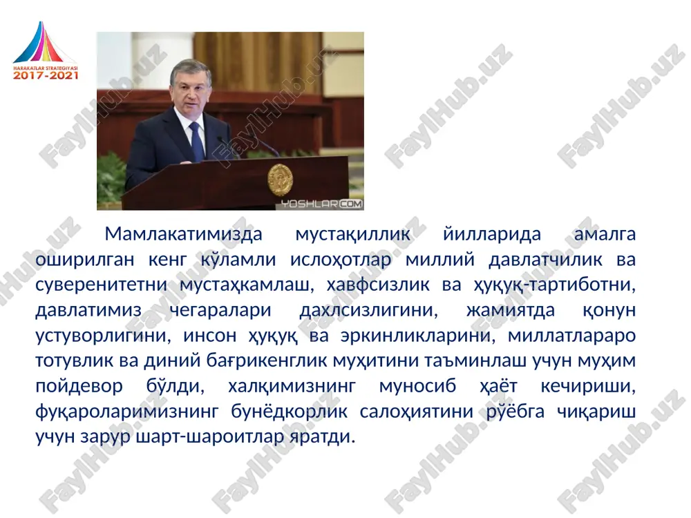 иқтисодиётни янада ривожлантириш ва либераллаштириш; 4. 5 ижтимоий соҳани ривожлантириш; хавфсизлик, миллатлараро тотувлик ва диний бағрикенгликни таъминлаш, чуқур ўйланган, ўзаро манфаатли ва амалий руҳдаги ташқи сиёсат юритиш davlat dasturining “davlat va jamiyat qurilishini takomillashtirish” deb nomlangan birinchi yo‘nalishini amalga oshirishda davlat hokimiyati tizimida oliy majlisning rolini kuchaytirish, qonun ijodkorligi faoliyatining sifatini tubdan yaxshilash, davlatning hayotida siyosiy partiyalarning rolini kuchaytirish nazarda tutilgan. davlat boshqaruvini takomillashtirish, eng avvalo davlat xizmatini isloh qilish, iqtisodiyotda davlat boshqaruvini kamaytirish, davlat va xususiy sektorlarning o‘zaro foydali hamkorligining zamonaviy shakllarini, “elektron hukumat” tizimini rivojlantirish bo‘yicha chora-tadbirlarni amalga oshirish rejalashtirilgan. fuqarolik jamiyati institutlarini rivojlantirish hamda ularning ijtimoiy va siyosiy faolligini oshirishga qaratilgan kompleks chora-tadbirlar. xalq bilan samarali muloqotni ta’minlash davlat dasturining eng muhim va dolzarb vazifalaridan biri bo‘ldi. shu munosabat bilan jamoatchilik nazoratini takomillashtirish, nodavlat notijorat tashkilotlarini, ommaviy axborot vositalarini yanada rivojlantirish, shuningdek mahallaning jamiyat hayotidagi rolini kuchaytirish nazarda tutilmoqda. prezidentimizning 2019-yil 30-oktyabrdagi “fuqarolik jamiyatini rivojlantirish markazi faoliyatini …