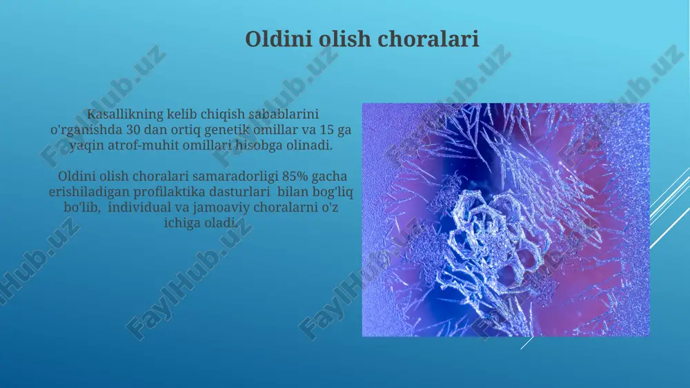 uz beradi va kasallikning klinik ko'rinishini belgilaydi. patomorfologiya: kasallikning morfologik o'zgarishlari surunkali yallig'lanish jarayonlarida 20 dan ortiq hujayra tiplari ishtirok etadi va patomorfologik tekshiruv bu hujayralar soni va nisbatlarini aniqlaydi. patomorfologiya o'rganishda to'qimalarning mikroskopik tuzilishidagi o'zgarishlarni aniqlash uchun kamida 5 xil bo'yoq texnikasi qo'llaniladi, bu esa diagnostika aniqligini oshiradi. patogenez: kasallik rivojlanish mexanizmi patogenezda genetik omillar muhim rol o'ynab, 20% dan ortiq kasalliklar genetik mutatsiyalar natijasida yuzaga keladi. bunday mutatsiyalar oqsil funksiyalarining buzilishiga olib keladi. virusli infektsiyalar patogenezida virus replikatsiyasi, sitotoksik effekti va immun tizimining haddan tashqari faol javobi kabi omillar muhim hisoblanadi, bu jarayonlar 10 6 dan ortiq virus zarralarining hosil bo'lishiga olib kelishi mumkin. e'tiboringiz uchun rahmat @taqdimot_robot image1.jpg image2.jpg image3.jpg image4.jpg image5.jpg image6.jpg image7.jpg image8.jpg image9.jpg image10.jpg image11.jpg image12.jpg image13.jpg image14.jpg image15.jpg image16.jpg image17.jpg