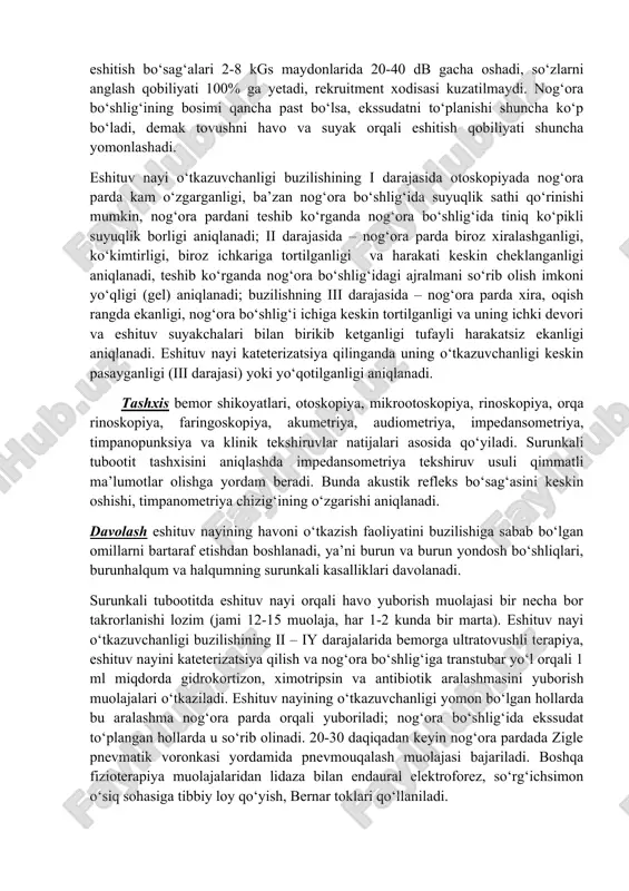 alqum o‘smalari, chandiqlari, skleroma tugunchalari va h.k.) ta’sirida eshituv nayining halqum teshigi uzoq vaqt davomida yopilishi natijasida hamda sabablari o‘z vaqtida bartaraf etilmagan o‘tkir tubootitni oqibatida yuzaga keladi. eshituv nayining yopilishi va u bilan bog‘liq bo‘lgan boshqa jarayonlar asta-cekin rivojlanib, to‘rt bosqichda kechadi: · serozli aseptik yallig‘lanish; · mukozli aseptik yallig‘lanish; · o‘rta quloqda chandiqli bitishmalar ( adgeziv bosqich) hosil bo‘lishi; · nog‘ora bo‘shlig‘ining o‘sib boruvchi atelektazi bosqichi. o‘rta quloq bo‘shlig‘ida turg‘un manfiy bosim hosil bo‘lishi natijasida nog‘ora parda nog‘ora bo‘shlig‘i tomon botadi; u yerda ekssudat xosil bo‘ladi (serozli aseptik yallig‘lanish bosqichi); ekssudat uzoq vaqt davomida chiqarilmasligi natijasida quyuqlashadi va nog‘ora bo‘shlig‘ida quyuq gelsimon ajralma to‘planadi (mukozli aseptik yallig‘lanish bosqichi), keyinchalik nog‘ora bo‘shlig‘ida bitishmalar hosil bo‘ladi (adgezov o‘rta otit bosqichi). og‘ir hollarda nog‘ora pardani nog‘ora bo‘shlig‘ining ichki devori bilan birikishi natijasida nog‘ora bo‘shlig‘ining obliteratsiyasi (atelektazi) yuzaga keladi. co‘rg‘ichsimon o‘siqning sklerotik shakliga ega bo‘lgan shaxslar pnevmatik shaklli shaxslarga nisbatan surunkali tubootitga …