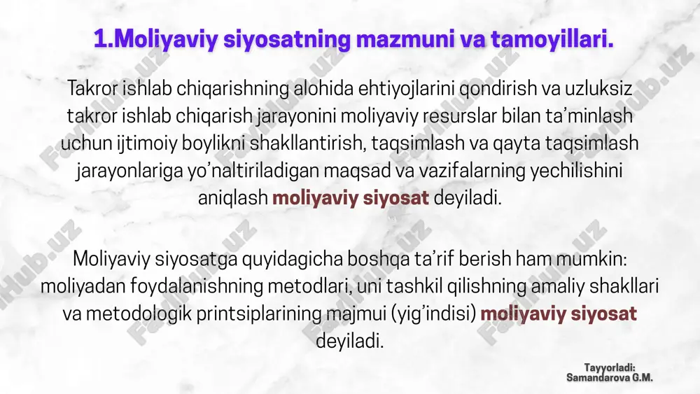 raro tafovutlarni kamaytirish budjet siyosatining asosiy yo‘nalishlari tayyorladi: samandarova g.m. o‘zbekistonda byudjet siyosatining asosiy yo‘nalishlari: daromad siyosati soliq siyosatini liberallashtirish, soliqlar sonini qisqartirish va stavkalarni pasaytirish. so‘nggi yillarda soliq yukining kamaytirilishi (qqs stavkasi pasaytirilgan, yagona ijtimoiy to‘lov stavkasi soddalashtirilgan). soliq ma’murchiligini raqamlashtirish: “soliq to‘lovchi shaxsiy kabineti”, “onlayn nazorat-kassa mashinalari” joriy qilindi. xarajat siyosati ijtimoiy sohalarga (ta’lim, sog‘liqni saqlash, ijtimoiy himoya, infratuzilma) katta hajmda mablag‘ ajratilmoqda. 2024 yil byudjeti misolida, xarajatlarning qariyb 60 foizi ijtimoiy sohalarga yo‘naltirilgan. “tashabbusli budjet” dasturi orqali aholining takliflari asosida mablag‘lar yo‘naltirilmoqda. tayyorladi: samandarova g.m. o‘zbekistonda byudjet siyosatining asosiy yo‘nalishlari: byudjet taqchilligi siyosati o‘zbekistonda byudjet taqchilligi yaimning 3 foizidan oshmasligi bo‘yicha cheklov qo‘yilgan. ta’minlash uchun davlat qarzi jalb qilinmoqda, lekin uning xavfsiz darajasi nazoratda. hududlararo taqsimot siyosati mahalliy byudjetlarning mustaqilligi kuchaymoqda. hududlarda soliqlardan tushadigan daromadlarning bir qismi o‘z ixtiyorida qoldirilmoqda. davlat byudjetidan kam rivojlangan hududlarga transferlar ajratilmoqda. tayyorladi: samandarova g.m. budjet siyosatining turlari: ekspansion siyosat – iqtisodiy …