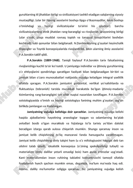 a qaramay inson va jamiyat kelib chiqishining to‘liq manzarasi fanda hanuzgacha yaratilmagan. jamiyat kelib chiqishining diniy talqini ham (u o‘z mifologiyasini haqiqat deb tan olishni talab qiladi), idealistik konsepsiya (o‘zining spekulyativligi tufayli) va materializm (ilmiy dalillar yetarli emasligi bois) ham asosli e'tirozlar uyg‘otadi. kant materializmdan inson ruhining tabiatini tushuntiruvchi tamoyil sifatida foydalanish hyech qachon mumkin emas, deganida, ma'lum ma'noda haq edi. ammo, daliliy ma'lumotlar ozligiga qaramay, biz jamiyatning vujudga kelish manzarasini ancha aniq yaratish imkonini beradigan ilmiy dalillarga ishonch bilan qarash lozim, deb hisoblaymiz. jamiyatning kelib chiqishini ilmiy tavsiflash borasidagi qarashlar. bunday qarashlar mehnat va mehnat qurollari markscha nazariyasi doirasida amalga oshirilgan. bu nazariyaga ko‘ra mehnat, so‘ngra burro nutq inson jamiyatini yaratgan. inson hayotida mehnat qurollarining ahamiyatini rad etmagan holda, bu farazni tasdiqlovchi aniq ilmiy dalillarga duch kelmadik. z.freyd inson vijdonini uning kelib chiqish manbai deb hisoblagan. etnografik tadqiqotlar bu farazni umuman tasdiqlamaydi. y.xeyzinga o‘yin va o‘yin faoliyatiga madaniyatning insonni …