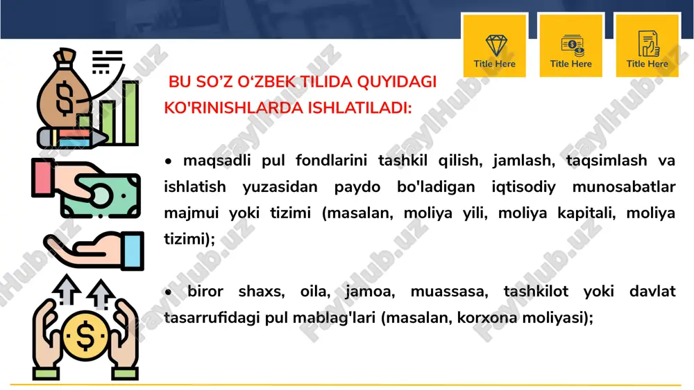 oliyaning funksiyalari . 3. takror ishlab chiqarish va moliya . 4. moliyaning taraqqiyoti . reja: reja: 1. moliyaning ijtimoiy-iqtisodiy mohiyati. «moliya» arabcha so'z bo'lib o'zbek tilida «pul mablag'lari» ma’nosini anglatadi. title here title here title here so’zga ta’rif bu so’z o‘zbek tilida quyidagi ko'rinishlarda ishlatiladi: • maqsadli pul fondlarini tashkil qilish, jamlash, taqsimlash va ishlatish yuzasidan paydo bo'ladigan iqtisodiy munosabatlar majmui yoki tizimi (masalan, moliya yili, moliya kapitali, moliya tizimi); • biror shaxs, oila, jamoa, muassasa, tashkilot yoki davlat tasarrufidagi pul mablag'lari (masalan, korxona moliyasi); title here title here title here ta’rif lug'aviy ma’nosi jihatidan «moliya» so'zi fransuzcha «finance» , lotincha «fnancia» va ruscha «finansi» so'zlarining ekvivalenti yoki ma’lum ma’noda sinonimi hisoblanib, eng avvalo, «daromad», «pul mablag'lari» yoki «to'lov» degan ma’nolarda ham ishlatiladi. kengaytirilgan takror ishlab chiqarish uchun sharoitlarni ta’minlash hamda davlatning funksiyalari va vazifalarini bajarish maqsadida markazlashtirilgan va markazlashtirilmagan pul mablag'lari fondlarinjrshakllantirish, taqsimlash va foydalanish bilan bog'liq bo'lgan iqtisodiy …