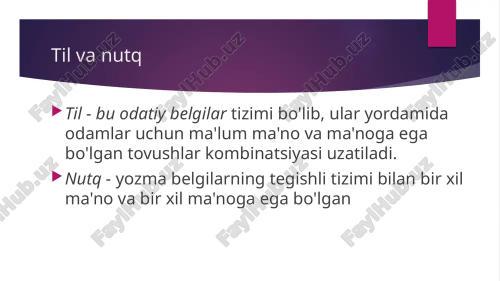 ya sub'ektga ma'lum xususiyatlarni bildiruvchi bayonot yoki taxmin; masalan, "stepan - tiniq quyosh" - bu aniq quyosh bilan bog'liq bo'lgan o'ziga xos xususiyatga ega bo'lgan stepan shaxsining predikatsiyasi . predikatsiya har doim bog'lash yoki tasdiqlash g'oyasini o'z ichiga oladi. evristika va predikativlik nutq ishlab chiqarishning evristik jarayonlari va ularning umumiy psixologik, differentsial psixologik va ijtimoiy-psixologik omillar bilan shartliligi vygotskiy grammatik va real (psixologik) predikativlikni "ajragan". evristik nutq nutq harakatlarining oldindan aytib bo'lmaydiganligi - nutqning evristik xususiyati . aloqa vaziyatlari doimiy ravishda o'zgarib turadi, ularning imkoniyatlari juda ko'p. ma'ruzachi aynan shunday doimiy o'zgaruvchan sharoitlarda harakat qilishga tayyor bo'lishi kerak, ya'ni. evristik faoliyatga. nutqni rivojlantirish til va nutq ham tafakkur kabi mehnat jarayonida va ta’sirida vujudga keladi va rivojlanadi. ular faqat odamlarning mulki: hayvonlarda na til, na nutq mavjud. ivanov, zufarova umumiy psixologiya 2008-2010. g‘oziyev 2012 sotsial psixologiya karimova foydalanilgan adabiyotlar: image1.jpeg /docprops/thumbnail.jpeg