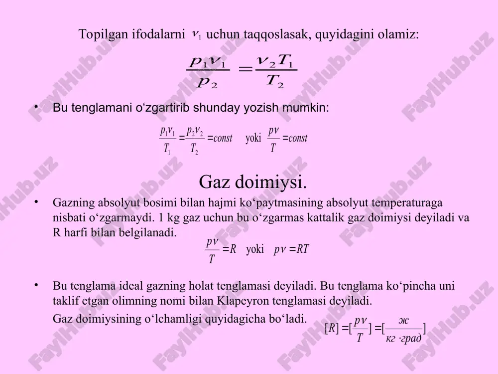 bo‘lish bilan bir qatorda moddaning individual xossalarining tavsiflovchi konstantalar. van-der-vaals tenglamasi klapeyron tenglamasidan, birinchidan, p kattalik o‘rniga p larning yig‘indisi va a/ 2 kattalik bo‘lish bilan; ikkinchidan bu tenglamada solishtirma hajm o‘rniga ( -в) ayirma bilan farq qiladi. 2 1 2 1 t t p р = 2 1 2 1 t t v v = 2 1 1 1 1 2 1 1 yoki р р р р × = = n n n n 2 1 2 1 2 1 2 1 yoki t t t t n n n n = = 2 1 2 2 1 1 t t р р n n = yoki 2 2 2 1 1 1 const t р const t р t р = = = n n n yoki rt р r t р = = n n ] [ ] [ ] [ град кг ж t р …