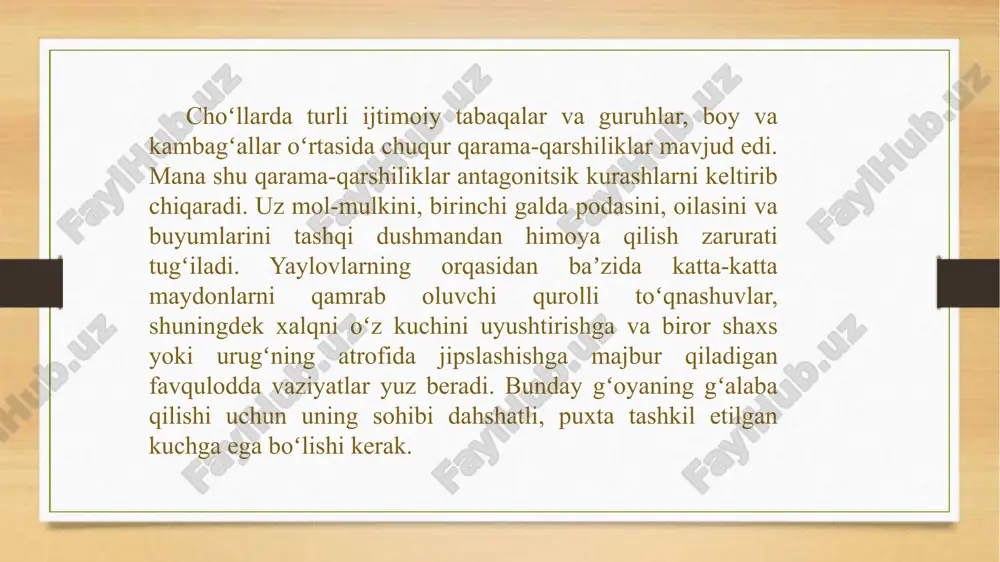 ning qoʻli ostida edi. amir husaynning qozonxon bilan qondosh boʻlganligi unga oʻz siyosiy mavqeini koʻtarish uchun umid bagʻishlardi. oʻrta osiyoning qolgan muzofotlari ham ulus mulki (hokimlarga qarashli) sifatida boʻlib tashlangan edi. nizomiddin jomiy bu mulklarni batafsil taʼriflab shuni taʼkidlaydiki, hokimlarning har biri, garchi harbiy kuchi oz boʻlsa-da, oʻzgalarni mensimagandek tutishga urinar va shuning uchun butun mamlakatda oʻzaro adovatlar hamda fitnalar yuz berardi. buning orqasidan dehqonlar va hunarmandlar azob chekardi. yildan-yilga movarounnahrdagi vaziyat ogʻirlashib borardi. shuning uchun ham oʻrta osiyo 1360 va 1361-yilda moʻgʻulitsonda tugʻluq temur yurishlarining qurboni boʻldi. rasmiy manbalarda temur haqidagi maʼlumotlar faqat tugʻluq temurning ana shu yurishlari atrofidagina berilgan, xolos. garchi, oʻzbekiston xalqlari tarixi tarixshunoslari ichida rasmiy manbalarda temur­ning bolaligi va yoshligi haqida maʼlumotlar yoʻq» degan fikr mavjud boʻlsa-da, bizning nazarimizda bu unchalik toʻgʻri emas. negaki, qoʻlyozma xazinalarida nomaʼlum muallifning “temurnoma” nomli kitobi saqlanadi. bu kitobda barlos qabilasi va uning yoʻlboshchisi xoji barlos haqida, temurning bolaligi, yosh­ligi hamda …