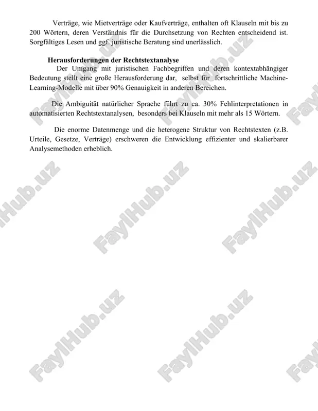 rechten entscheidend ist. sorgfältiges lesen und ggf. juristische beratung sind unerlässlich. herausforderungen der rechtstextanalyse der umgang mit juristischen fachbegriffen und deren kontextabhängiger bedeutung stellt eine große herausforderung dar, selbst für fortschrittliche machine-learning-modelle mit über 90% genauigkeit in anderen bereichen. die ambiguität natürlicher sprache führt zu ca. 30% fehlinterpretationen in automatisierten rechtstextanalysen, besonders bei klauseln mit mehr als 15 wörtern. die enorme datenmenge und die heterogene struktur von rechtstexten (z.b. urteile, gesetze, verträge) erschweren die entwicklung effizienter und skalierbarer analysemethoden erheblich. 📌abschluss juristische texte erfordern präzise formulierungen und eindeutige aussagen, um missverständnisse zu vermeiden und rechtliche sicherheit zu gewährleisten. ihre interpretation muss sorgfältig und im kontext erfolgen. 📚verweise 1. gesetz zur verbesserung der rechtspflege (gvp). 2. bürgerliches gesetzbuch (bgb). 3. grundgesetz für die bundesrepublik deutschland (gg). 4. zivilprozessordnung (zpo). 5. strafgesetzbuch (stgb). 6. abgabenordnung (ao). 7. einführungsgesetz zum bürgerlichen gesetzbuche (egbgb). 8. bundesgerichtshof (bgh)-rechtsprechung. 9. europäisches zivilprozessrecht. 10