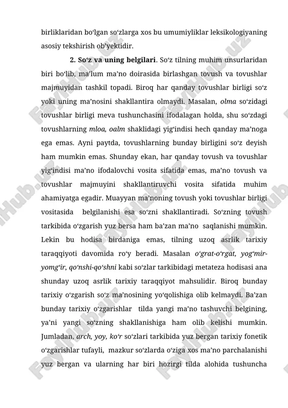 eb yuritiladi. masalan, ishning ko‘zi, tog‘ning etagi kabi birikmalar tarkibida ko‘z va etak so‘zlari ko‘chma ma’noda qo‘llangan. 5. so‘zning ma’no ko‘chish usullari. o‘zbek tilida polisemantik so‘zlar ma’no ko‘chishning to‘rt xil usuli mavjud: 1) metafora; 2) metonimiya; 3) sinekdoxa; 4) vazifadoshlik. metafora (yunoncha «ko‘chirma» so‘zidan olingan) biror narsa, belgi yoki harakatning nomi o‘zaro o‘xshashligi bo‘lgan boshqa narsa, belgi yoki harakatga ko‘chishidir. masalan: u tarozining ikki pallasini ko‘zdan kechirdi (i.rahim). yormat tarvuzni kesdi. bir pallasini o‘zi olib, ikkinchi pallasini yo‘lchi va o‘roz oldiga qo‘ydi (oybek). birinchi misoldagi palla so‘zining o‘z ma’nosi taroziga nisbatan qo‘llaniladi. uning tashqi ko‘rinishiga ko‘ra o‘xshashligi ikkinchi misolda tarvuz bo‘laklariga nisbatan ham qo‘llanishga sabab bo‘lgan. metafora asosida nom ko‘chish aniq narsalar doirasida bo‘lganda ular o‘rtasidagi o‘xshashlikni ilg‘ash uncha qiyin bo‘lmaydi. mavhum narsalar doirasida esa bu bir oz qiyin kechadi: bir qarichlikdan dutorni sevaman. bir qo‘shni kelinchakdan o‘rgangan edim (oybek). yigit yalt etib qo‘shni dalaga qaradi, u yerda xotin-xalajlar, bola-chaqalar …