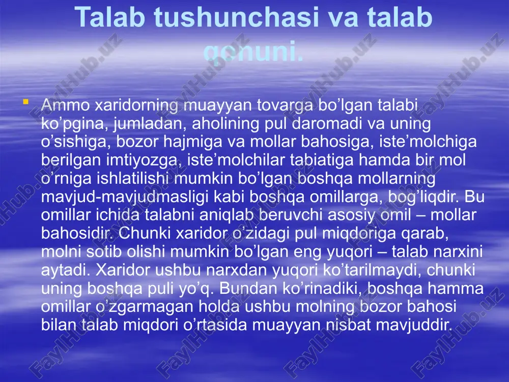 ’rsatadi. mollar taklifiga texnika taraqqiyoti, ishlab chiqaruvchilarning monopol hukmronligi, mollar bahosida bo’ladigan o’zgarish kabilar ta’sir qilishi mumkin. shuning uchun ham taklifni ko’tarilib (yoki pasayib) boruvchi o’q tarzida ifodalash mumkin. taklif bizga ma’lumki, bozor iqtisodiyoti sharoitida ishlab chiqaruvchilar o’z mollarini yuqoriroq bahoda, ya’ni qimmatroq sotishga harakat qiladilar. shuning uchun ham sotuvchilar o’z mollariga imkon chegarasidagi eng quyi bahoni belgilaydilar. bundan past baho esa bu mollar ishlab chiqarishni samarasiz qilib qo’yadi. umuman, taklif qilinayotgan mollarning bozor bahosi bilan ularning miqdori o’rtasida bevosita bog’liqlik mavjud bo’lib, bahoning o’sishi bilan taklif hajmi ortadi va bahoning pasayishi bilan taklif hajmi kamayadi. baho bilan taklif o’rtasidagi bunday bog’liqlikni taklif qonuni deyiladi. taklif qilinayotgan mollarning bozor bahosi bilan bu mollar miqdori o’rtasidagi munosabat taklif egri chizig’i deyiladi. uni quyidagicha ifodalash mumkin. taklif hajmiga bahodan tashqari bir necha omillar ta’sir ko’rsatadi: resurslarga baholarning o’zgarishi (minyyeral o’g’itlarga baholarning pasayishi bunday taklifni oshiradi), texnologiyalarning o’zgarishi (makkajo’xori zararkunandasiga qarshi kuchli vositaning …