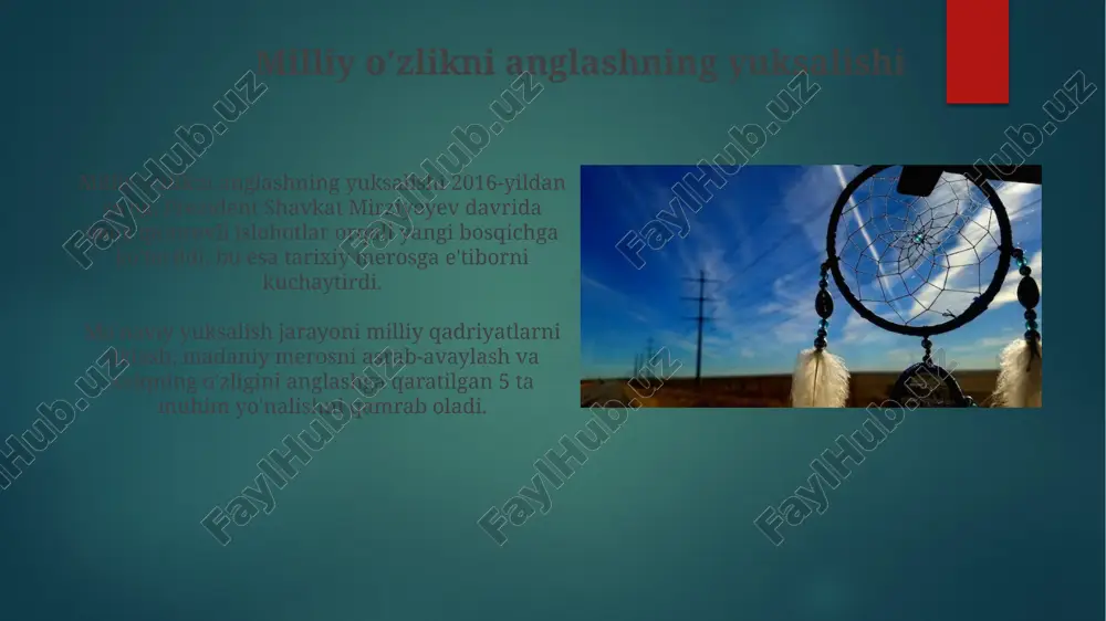 hamkorlikda ichan-qal’a, samarqand, buxoro kabi tarixiy obidalar restavratsiya qilinmoqda, bu esa 1000 yillik madaniy merosni saqlashga qaratilgan muhim dasturdir. davlatning ma'naviy siyosati “milliy tiklanishdan – milliy yuksalish sari” g‘oyasi ma’naviy siyosatning asosiy tamoyili bo‘lib, bunda o‘zlikni anglash, milliy g‘urur va vatanparvarlikni kuchaytirish ko‘zda tutilgan, bu jarayon 2022-yildan boshlangan. ma’naviy yuksalish markazlari respublikaning barcha hududlarida tashkil etilib, ularning asosiy vazifasi aholi, ayniqsa, yoshlar o‘rtasida ma’naviy-axloqiy qadriyatlarni targ‘ib qilish, bu davrda 100 dan ortiq tadbirlar o'tkazildi. yangi o'zbekistonning ma'naviy kelajagi: xulosa yangi oʻzbekistonda 2022-yildan boshlab milliy gʻururni oshirishga qaratilgan yangi loyihalar joriy etildi, bu esa yosh avlodning maʼnaviy rivojlanishiga 40% taʼsir koʻrsatdi. mamlakatda 2023-yilga kelib, 100 dan ortiq yangi madaniy markazlar ochildi, bu esa aholining maʼnaviy ehtiyojlarini qondirishda 30% ga oʻsishni taʼminladi. e'tiboringiz uchun rahmat image7.jpg image8.jpg image9.jpg image10.jpg image11.jpg image12.jpg image13.jpg image14.jpg image15.jpg image16.jpg image17.jpg image18.jpg image19.jpg image20.jpg image21.jpg image22.jpg image23.jpg image1.png image2.png image3.png image4.png