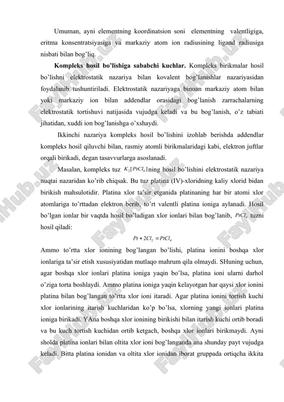 va akvokomplekslar: [ cu ( h2o) 4] so4 [ co ( h2o)6] so4 3. atsidokomplekslar: k4[fe(cn)6], k3[fe(cn)6], k2[pt(no2)4 br 2] 4. poligalogenidlar : k[jj2], k[jsl4], k[brcl2]. 5. gidridlar: lih + bh3 = li [ bh4] kh + alh3 = k [ al h4] alh3 + 3bh3 = al [ bh4] 3 nomlanishi. kompleks birikmalar ligandlari nomi quyidagicha ataladi: “ammiak” - amin, “suv”- akvo, s — tio, oh - gidrokso, — o — o — — perokso, cl- - xloro va xokazo. kompleks birikmalar quyidagicha nomlanadi : k4 [fe (cn)6 ] - kaliy ferrogeksatsianid: k3[ fe ( cn )6] - kaliy ferrigeksatsianid : [ag(nh3)2]br - diaminoargento (1) - bromid k2 [ cucl 3] - kaliy trixlorokuprat : k2[pt(no2)2cl2] - kaliy dixlorodinitroplatinat foydalanilgan adabiyotlar 1. yu.t.toshpo'latov, sh.ye.ishoqov. anorganik kimyo. toshkent. «o'qituvchi». 1992 y. 2. n.a.parpiyev, h.r.rahimov, a.g.muftaxov. anorganik kimyo nazariy asoslari. toshkent. «o'zbekiston». 2000 y. 3. q.ahmerov, a.jalilov, r.sayfutdinov umumiy va anorganik …