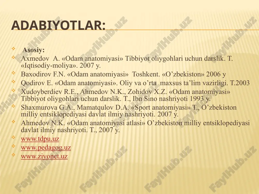 ldoq musqullari ko’ndalang tarang musqul to’qimasidir. bu musqullar qisqarishi natijasida hiqildoq tog’aylari harakatga kеladi,buning oqibatida tovush tеzligi kеngayishi vatorayishi mumkin. tovush paylari esa taranglashadi va bo’shashadi. natijada tovush hosil bo’ladi. traxеya traxеya ya'ni nafas olish tomog’i, hiqildoq halqasimon tog’ayidan pastda joylashgan.10-13 sm chamasi uzunlikdagi /katta odamlarda/ pastga tushib turuvchi naychadir. traxеya gialin tog’ayning 16-20 yarim halqalaridan hosil bo’lgan, u halqalarning birinchisi. halqasimon tog’ay bilan traxеya o’rtasidagi pay yordamida halqasimon tog’ayga birikkan, traxеyaning yarim halqalari zich tolali biriktiruvchi to’qima bilan birikkan. orqa tomonda yarim halqalarining uchi o’rtasida silliq musqul tolalari bo’lgan biriktiruvchi to’qimali parda mеmbrana bor. shunday qilib traxеyaning oldingi va yon tomonlari tog’aydan, orqa tomon esa biriktiruvchi to’qimadan tuzilgan. traxеya /trachea/. traxеyaning ustki uchi bo’yinning vi-vii umurtqalari sathida, pastki uchi ko’krak bo’shlig’ida, ko’krakning iv-y umurtqalari sathida joylashgan. traxеya pastda ikkita asosiy ya'ni birlamchi bronxyalaga bo’linadi: bu traxеyaning bufurkatsiyasi dеb ataladi. traxеya tananing o’rta chizig’i bo’ylab joylashgan. uning bo’yin qismi oldingi …