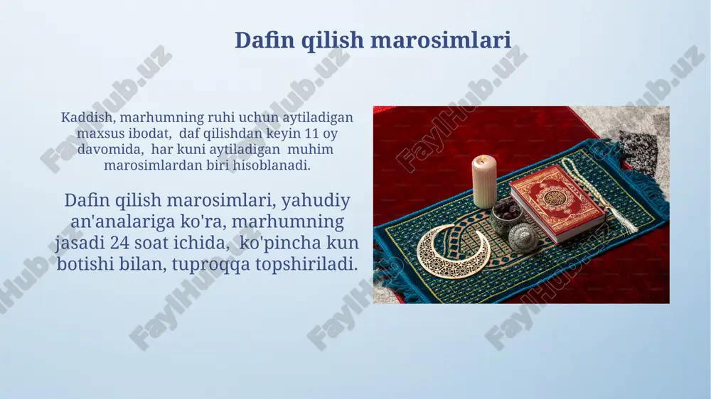 udiy nikohida, ketubah deb ataluvchi nikoh shartnomasi tuziladi, unda erning xotiniga moddiy jihatdan ta’minlash majburiyatlari 10 ta asosiy modda bilan belgilanadi. ajrashish jarayoni, get deb ataluvchi rasmiy hujjat bilan amalga oshiriladi va uni imzolash uchun 2 ta din arbobining guvohligi talab etiladi. minyan va ibodat xonalari баъзи ибодатхоналарда 12та тақвимли байрамларни нишонлаш учун махсус йиғилишлар ўтказилади, буларнинг барчаси ҳаётнинг муҳим воқеаларини эслатиб туради. миён (10 кишилик жамоа) намоз ўқиш учун зарур бўлиб, ибодатхоналардаги махсус жойларда жамоавий ибодатлар амалга оширилади. e'tiboringiz uchun rahmat @taqdimot_robot image4.png image5.jpg image6.jpg image7.jpg image8.jpg image9.jpg image10.jpg image11.jpg image12.jpg image13.jpg image14.jpg image15.jpg image16.jpg image17.jpg image18.jpg image19.jpg image20.jpg image21.jpg image3.jpeg