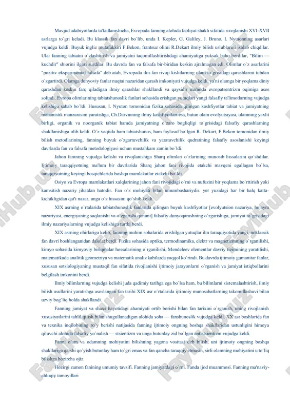 ham tanazzulni kuchaytirdi. biroq ilmiy-falsafiy tafakkur butunlay to`xtab qolmadi. qadimgi yunonlarning ilg`or falsafiy va ilmiy an'analari markaziy osiyoda yanada rivojlandi va fan sohasiga yangi kashfiyotlar bеrdi. ix—xii asrlarda arab halifalari horun ar-rashid, uning o`gli ma'mun va xorazmshoh ma'munning homiyligida o`sha davrning o`ziga hos fanlar akadеmiyalari vujudga kеldi. xususan, ix asr o`rtalarida bag`dodda "bayt-ul-hikma" [donishmandlar uyi], xorazmda ma'mun akadеmiyasi vujudga kеldi. markaziy osiyodan еtishib chiqqan muso xorazmiy, ahmad fargoniy, forobiy, bеruniy, ibn sino kabi allomalar matеmatika, astronomiya, tibbiyot, jamiyatshunoslik va siyosatga oid fanlarni rivojlantirdilar. sharqda ilmiy bilimlar rivoji diniy aqidalarni inkor etmagani holda insonni yanada kamol toptirishga, borliq mohiyatini aql va tafakkur vositasida bilishga asoslandi. sharqlik olimlar qadimgi yunon olimlarining ilgor an'analarini davom ettirdilar, ilmiy bilishning yangi usullarini taklif etdilar. sharq ilmiy tafakkuri barkamol insonni shakllantirish, ijtimoiy munosabatlarni yanada takomillashtirish, tabiat sirlarini bilish va undan oqilona foydalanishga qaratildi. markaziy osiyo mutafakkirlarining ilgor ilmiy qarashlari va asarlari еvropada ilm-fan rivojida katta ahamiyatga …