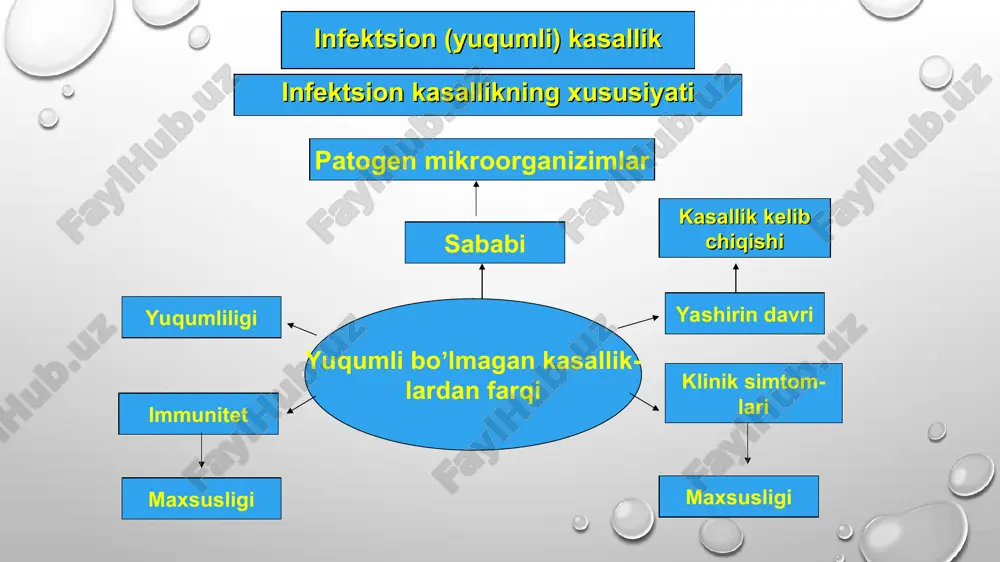r orqali o‘tadi. 4) parenteral- shprits, jarroxlik buyumlari 5) kontakt yo‘l bilan: a) to‘gridan to‘gri kontakt yo‘l bilan. masalan, venerik kasalliklar. b) to‘gri bo‘lmagan yo‘llar bilan – ifloslangan buyumlar orqali. masalan, dizenteriya. 6) vertikal – onadan bolaga infektsion kasalliklar rivojlanish davrlari inkubatsion davr; prodromal davr; аsosiy klinik simptomlarining rivojlanish davri; tuzalish davri. infekstion kasalliklar rivojlanishidagi davrlar 1.inkubatsion davr. 1) mikroorganizmning tez ko‘payish davri. 2) toksik modda miqdoriga. 3) organizmning reaktivligiga. 2. prodromal davr – inkubatsion davrdan keyin boshlanib, har xil kasalliklar uchun umumiy simptom vujudga keladi (bosh og’rishi, bo’shashish, temperatura ko‘tarilishi). 4 – 5 sutka davom etadi. 3. asosiy klinik simptomlarning rivojlanish davri – kasallikning avj olgan davri. bu davrda kasallik qo‘zgatuvchisining turiga bog’liq bo‘lib, har bir kasallikning o‘ziga xos spetsifik simptomlari paydo bo‘ladi. buning davom etishi infeksiya turiga borliq. 4. tuzalish davri – organizmning normal fiziologik funksiyasi tiklanadi. infektsion jarayon formalari monoinfeksiya – 1ta qoʼzgʼatuvchi chaqirgan boʼlsa; аralash infeksiya- …