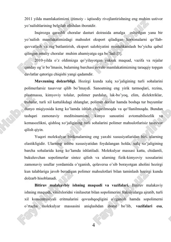 an holda, xalq xo’jaligining barcha sohalarida keng ko’lamda ishlatiladi. molekulyar massasi katta, chidamli, bukuluvchan sopolimerlar sintez qilish va ularning fizik-kimyoviy xossalarini zamonaviy usullar yordamida o’rganish, qolaversa o’sib borayotgan aholini hozirgi kun talablariga javob beradigan polimer mahsulotlari bilan taminlash hozirgi kunda dolzarb hisoblanadi. bitiruv malakavbiy ishning maqsadi va vazifalari. bitiruv malakaviy ishning maqsadi, vinilxloridni vinilasetat bilan sopolimerini fraksiyalarga ajratib, turli xil konsentrasiyali eritmalarini qovushqoqligini o’rganish hamda sopolimerni o’rtacha molekulyar massasini aniqlashdan iborat bo’lib, vazifalari esa, sopolimerlanish darajasini, bo’kish tezligi va darjasini zamonaviy usullar yordamida o’rganishdan iboratdir. bitiruv malakaviy ishning ilmiyligi. bitiruv malakaviy ishning ilmiyligi shundaki, polimer yoki sopolimerlarni mustahkamligi, haroratga, kislotali yoki ishqoriy muhitlarga chidamliligi ko’proq molekulyar massasiga bog’liqdir. molekulyar massa qancha katta bo’lsa, u shunchalik mustahkam va chidamli bo’ladi. bundan tashqari har qanday yangi polimer yoki sopolimer moddasi sintez qilingandan so’ng, uning ko’pgina fizik-kimyoviy xossalari o’rganiladi. bitiruv malakaviy ishda ham vinil xloridni vinilasetat bilan sopolimerini fizik-kimyoviy xossalari fizik tadqiqot usullari …