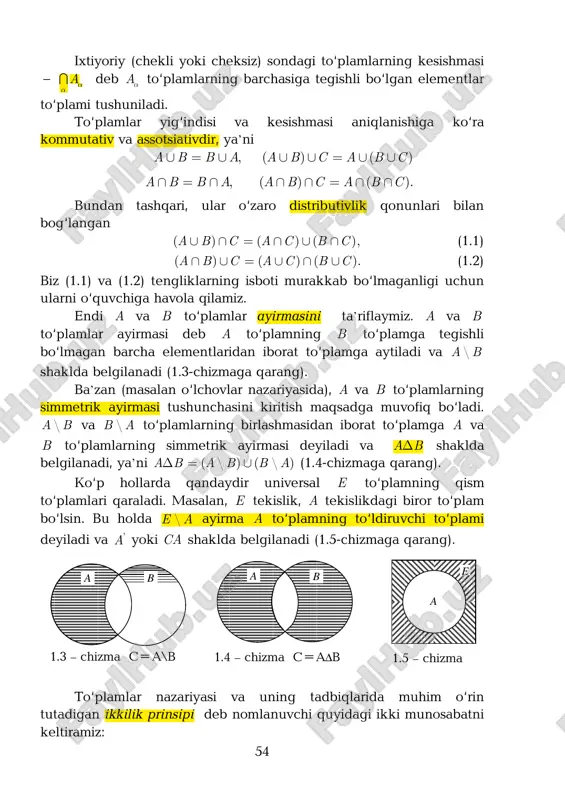 tiv akslantirish bo‘lsa, u holda ixtiyoriy a x⊂ uchun : ( ( ))f a b b f a→ = ham biyeksiya bo‘lishini isbotlang. isbot. baf =)( ekanligidan uning syuryektiv akslantirish ekanligi kelib chiqadi, inyektivligi esa :f x y→ ning inyektivligidan kelib chiqadi. ∆ 1.1-teorema. ikki to‘plam birlashmasining asli ular aslilarining birlashmasiga teng, ya’ni 1 1 1( ) ( ) ( ).f a b f a f b− − −∪ = ∪ (1.9) isbot. aytaylik, 1( )x f a b−∈ ∪ ixtiyoriy element bo‘lsin. u holda ( )f x a b∈ ∪ , ya’ni ( )f x a∈ yoki ( )f x b∈ . bu holda x element 1( )f a− yoki 1( )f b− to‘plamlarning kamida biriga tegishli bo‘ladi, ya’ni 1 1( ) ( )x f a f b− −∈ ∪ . bundan 1 1 1( ) ( ) ( )f a b f a f b− − −⊂ ∪∪ …