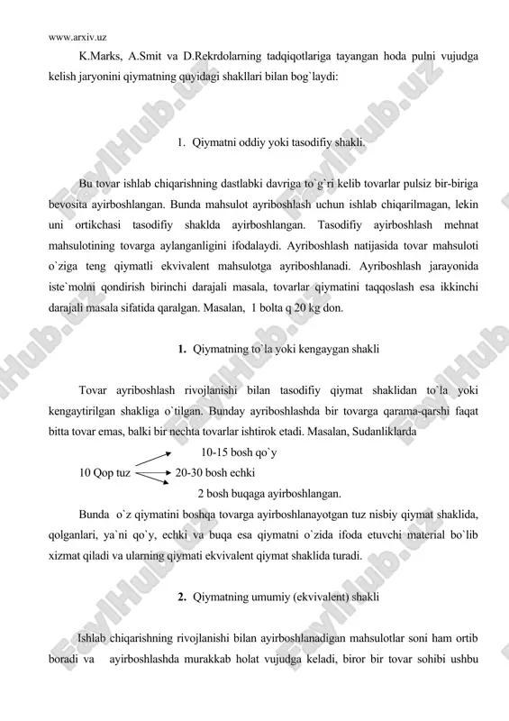 ablashib uning rivojlanishiga to`sqinlik qiladi. asta-sekin tovarlar orasida hamma tovarlarga ayirboshlanaoladigan va hamma tovarlar qiymatini o`zida ifoda eta oladigan maxsus tovar ajralib chiqadi. tovarlar dunyosidan chiqqan maxsus tovar qolgan barcha mahsulotlar uchun umumiy ekvivalentga aylanadi. masalan: 1 qop bug`doy 10 kg choy 10 kg qaxva 10 bosh qo`y 0.5 tonna temir 2 unsiya (35.6 gramm) oltin bunda umumiy ekvavalent vazifasini 10 bosh qo`y bajargan. 3. qiymatning pul shakli mahsulot ishlab chiqarish va ayirboshlash jarayonining tobora rivojlanib borishi hududlar, mamlakatlar o`rtasida savdo-sotiqni, tovar ayirboshlashning zaruriyatini yuzaga keltiradi. turli mamlakatlarda turli tovarlar umumiy ekvivalent hisoblangangaligi bu jaryonning taraqqiy etishiga to`sqinlik qiladi. natijada butun tovarlar dunyosidan shunday tovarlar ajralib chiqadiki, u barcha hudud va mamlakatlarda umumiy ekvavalent sifatida qo`llanila boshladi. bu vazifani dastlab qimmatbaho metallar mis va kumush, keyinchalik oltin bajaradigan bo`ldi. oxir oqibatda oddiy tovar ko`rinishidagi umumiy ekvavalent o`rniga pul shaklidagi umumiy ekvavalent, ya`ni pul maydonga chiqdi. masalan: 1 qop bug`doy 10ta …