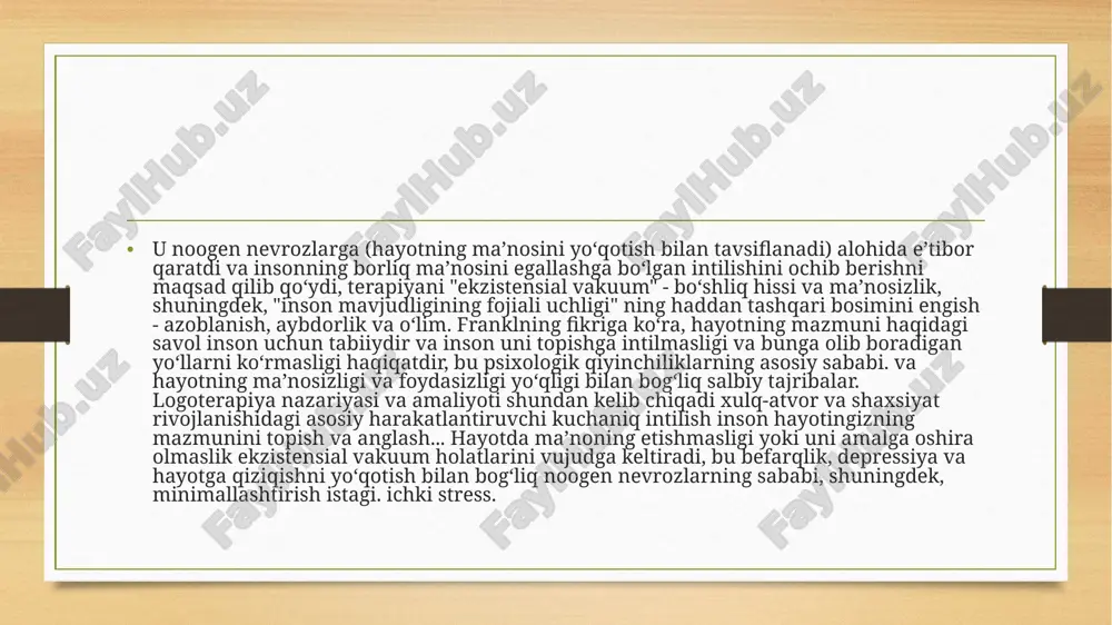 sini izlaydilar" deb ta’kidladi. boshqacha qilib aytganda, frankl psixoanalizda inson elementi yo‘qligini va individual psixologiya ma’no masalasiga e’tibor bermasligini his qildi. frankl uchun vena psixoterapiyasining bu kamchiliklari uning logoterapiyasiga aylangan psixoterapiyaning yangi turini yaratishni taqozo etdi. logoterapiya psixoterapiyaga qarshi emas, balki faqat ma’noga e’tibor qaratadi. ushbu usullardan ba’zilari paradoksal niyat, fikrlash va munosabatni o‘zgartirishni o‘z ichiga oladi. paradoksal niyat - bu ekspozitsiya terapiyasiga o‘xshash usul bo‘lib, mijoz o‘z qo‘rquvini engish uchun hazildan foydalanadi. xulosa shunday qilib, v. frankl shaxsni ma’naviy olamda mavjudligi bilan bog‘liq bo‘lgan o‘z taqdirini belgilash imkoniyati g‘oyasini shakllantiradi. shu nuqtai nazardan, noetik tushunchasi ma’naviy hayotning har qanday turi bilan iroda erkinligini bog‘laydiganlarga nisbatan kengroq deb qaralishi mumkin. logoterapiya ishi shuni ko‘rsatadiki, biror narsa uzoq vaqtdan beri mavjud bo‘lganligi uning endi foydali emasligini anglatmaydi. darhaqiqat, zamonaviyroq davolash dasturlariga osongina qo‘shilishi mumkin bo‘lgan nutq terapiyasi kabi eski yondashuvlar har qanday ruhiy salomatlik aralashuvi uchun mustahkam asos bo‘lishi mumkin. demak, …