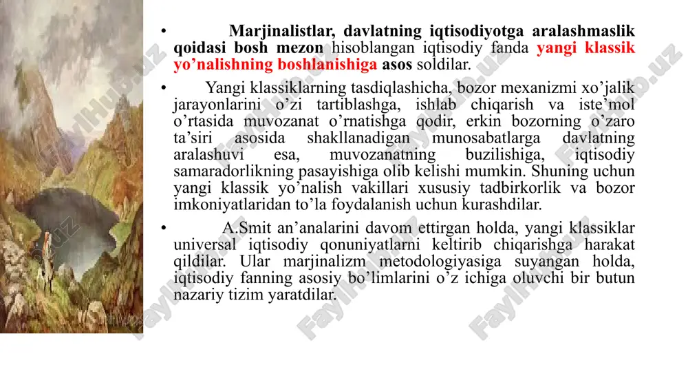 i «marshall inqilobi» to’g’risida ham gap yuritiladi). uning xizmati shundan iboratki, u qiymatning birinchi (asosiy) sababini qidirishni tahlil qilishdan talab va taklifning shakllanish va o’zaro ta’sir ko’rsatish qonuniyatlarini o’rganishni tahlil qilishga o’tishning zarurligini asoslab berdi. boshqacha so’z bilan aytganda, a.marshall qiymat nazariyasini baho nazariyasi (yoki bozor muvozanati nazariyasi)ga turlantirdi. o’z mohiyatiga ko’ra, a.marshall bo’yicha, real qiymat – bu talab va taklif ta’sirida shakllanadigan muvozanat baho. bunda talab ham, taklif ham teng huquqli omil sifatida amal qiladi. a.marshall yo taklifni (klassik nazariya), yoki talabni (me’yorli foydalilik nazariyasi) hal qiluvchi omil sifatida ko’rsatishga bo’lgan urinishlarning har ikkalasi noto’g’ri ekanligini ko’rsatib berdi. shu asosida a.marshall oldingi qiymat nazariyalaridan eng muhim qoida va kontseptsiyalarni olib bir butun tamoyilga birlashtirdi. masalan, sarfli qiymat nazariyasi bozor taklifining shakllanish qonuniyatlarini tushuntirib berish uchun foydalanildi, me’yorli foydalilik nazariyasi esa bozor talabining shakllanish qonuniyatlarini tushuntirib berish uchun ishlatildi. a.marshall tovar qiymati (bahosi)ni aniqlashda me’yorli foydalilik va ishlab chiqarish xarajatlarini …