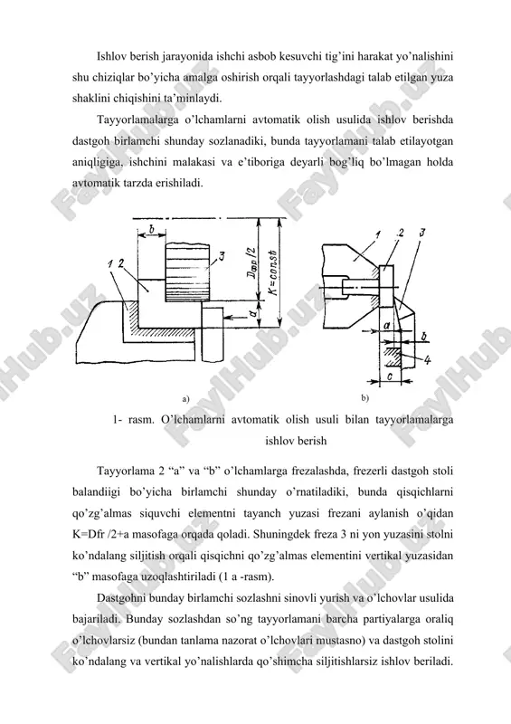 y sozlashda ishlov berilayotgan barcha tayyorlamalar uchun bir xilligi saqlanib qolinadi. shunga o’xshash tayyorlama 2 yon yuzasiga ishlov berishda tayyorlamani “a” o’lchami keskich 3 siljishini cheklovchi tayanch 4 yuzasidan mahkamlovchi moslama yonigacha bo’lgan “c” masofa hamda tayanch 4 yuzasidan keskich tig’i uchigacha bo’lgan “b” masofa bilan aniqlanadi (1 b -rasm). dastgohni birlamchi sozlashda o’rnatiladigan bu o’lchamlarning doimiyligida ishlov berilayotgan tayyorlamani “a“ o’lchami o’zgarmay turadi. demak, sozlangan dastgohlarda o’lchamlarni olishni avtomatik usulini qo’llashda talab etilayotgan aniqlikni ta’minlash vazifasi ishchidan dastgohni birlamchi sozlaydigan sozlovchiga, maxsus moslama tayyorlovchi asbobsozga hamda texnologik asoslar va tayyorlama o’lchamlarini belgilovchi, uni o’rnatish va mahkamlash usulini, moslamani kerakli konstruksiyasini aniqlovchi texnologga o’tadi. o’lchamlarni avtomatik olish usulini afzalliklari quyidagilar: -ishlov berish aniqligini oshish va nuqsonni kamayishi; -ishlov berish unumdorligini oshishi; -ishchilar malakasidan muqobil foydalanish; -ishlab chiqarish samaradorligini oshishi. sozlangan dastgohlarda o’lchamlarni avtomatik olish usulini bunday afzalliklari uni zamonaviy seriyali va ommaviy ishlab chiqarish sharoitlarida keng qo’llanishini belgilab beriladilar. 3. …
