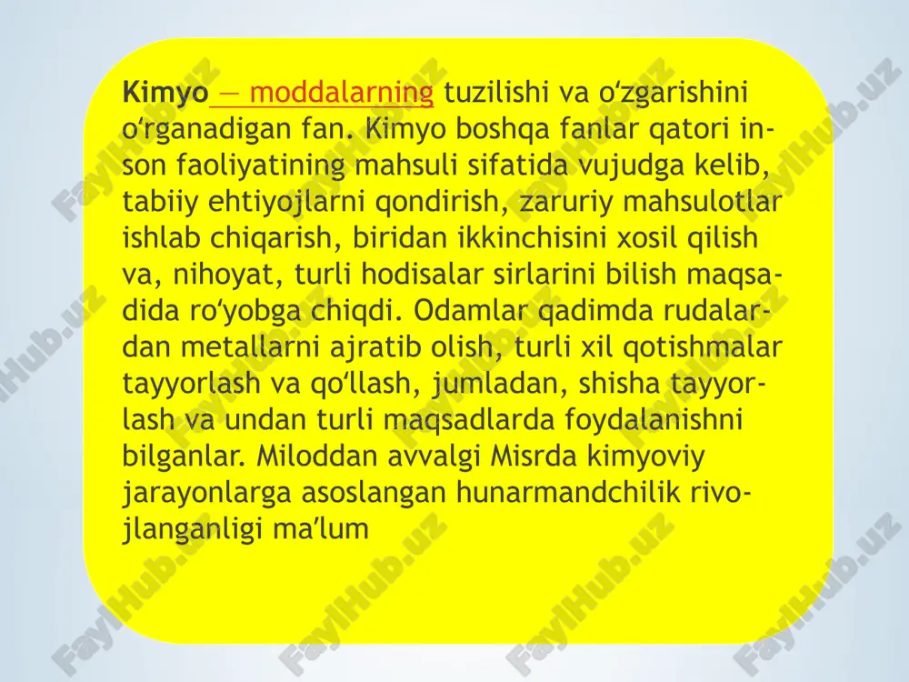 rtlari kimyo laboratoriyalarida olib borilayotgan ilmiy tadqiqot ishlari mamlakatimizda kimyo fanini yuqori pogʻonalarga koʻtarishda muhim omillardan boʻldi. halokatlar sodir bo‘lganda muhim va-zifalardan biri ishlab chiqarish korxonasi va aholi yashash punktlariga xavf haqidagi xabarni yetkazish hisoblanadi. shuningdek, ob’ektning har bir ishchi, xodimi halokat sodir bo‘lganda ogohlantirish vositalaridan foydalanish va tegishli tashkilotlarga xabar berishni bilishi zarur. silikatlar kimyosi va texnologiyasi sohasida i. s. kansepolskiy tomonidan tabiiy kuygan tuproq (gliyej)larni portladsementga qoʻshimcha sifatida qoʻllash, sement korrozitsiyasi va oʻnga qarshi kurash choralarini izlashga doir tadqiqotlar olib borildi. fosfogipsning kalsiy alyuminatlari bilan reaksiyalari oʻrganildi, mahalliy xom ashyolar asosida sulfoalyuminatbelitli sement olindi, kam energiya sarflab sement olish texnologiyasi ishlab chiqildi e’tiboringiz uchun rahmat ! image1.png image2.png image3.png image9.png image10.png image4.png image5.png image6.png image11.png image12.png image13.jpeg image14.jpeg image15.jpeg image16.png image17.jpeg image18.png image19.png image20.jpeg image21.png image22.jpeg