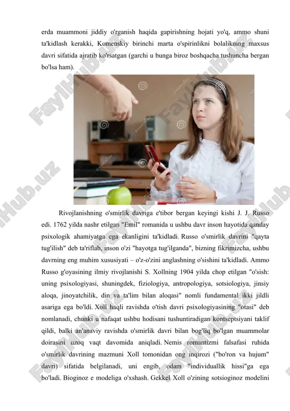 va bola o'rtasidagi qarama-qarshilikka urg'u berilmagan degan xulosaga keldi. ushbu madaniyatlarda kichik yoshdagi bolalar kattalar mehnatiga kiritilgan, majburiyatlari bor, javobgardirlar. yoshi bilan ikkalasi ham ortadi, lekin asta-sekin. kattalar va bola munosabatlarida munosabatlar mavjud. xulq-atvor qutblanmaydi: biri bola uchun, ikkinchisi kattalar uchun. bu bolaga bolaligidan kelajakda zarur bo'lgan ko'nikma va g'oyalarni olishga imkon beradi. bunday sharoitda bolalikdan kattalikka o'tish muammosiz davom etadi, bola asta-sekin kattalarning xatti-harakatlarini o'rganadi va kattalar maqomi talablarini bajarishga tayyor bo'ladi. aks holda, bolalar va kattalar uchun muhim talablar bir-biriga mos kelmaydigan sharoitlarda (masalan, sanoat rivojlanishi yuqori bo'lgan jamiyatlarda) bolalikdan kattalikka o'tish sodir bo'ladi. natijada, noqulay vaziyat yuzaga keladi: bolalikda bola kattalar uchun foydali bo'lmagan narsalarni o'rganadi va kelajak uchun zarur bo'lgan narsalarni o'rganmaydi. shuning uchun, u "rasmiy" etuklikka erishganida unga tayyor emas. bunday sharoitda o'spirinni rivojlantirish va tarbiyalashda turli xil qiyinchiliklar yuzaga keladi. shunday qilib, biz inqirozni biologik va genetik jihatdan aniqlangan rivojlanish dasturi tufayli yuzaga keladigan …