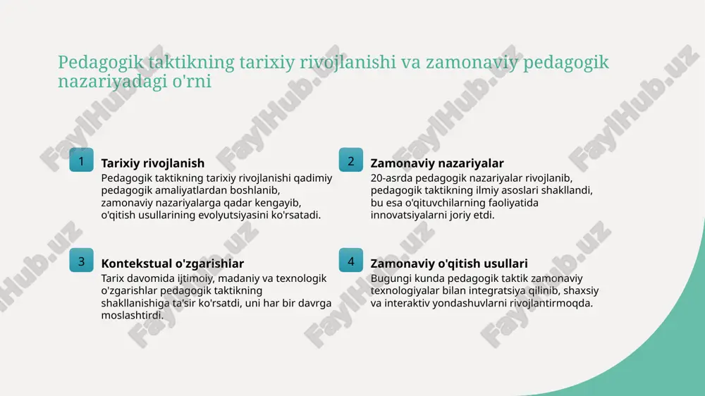 quvchilarning hamkorlik ko‘nikmalarini rivojlantiradi va ijtimoiy muhitda muvaffaqiyatli bo‘lishlariga yordam beradi. pedagogik taktikning shaxsiy va madaniy kontekstdagi mohiyati 1 shaxsiy kontekst pedagogik taktik shaxsiy xususiyatlar va tajribalar bilan bog‘liq bo‘lib, har bir o‘qituvchining individual uslubini va yondashuvini rivojlantiradi, bu esa o‘quv jarayonini optimallashtiradi. 2 madaniy ta’sir madaniyat va an’analarga asoslangan pedagogik taktik, o‘quvchilar bilan bo‘lgan muloqotni boyitadi, milliy qadriyatlarni hisobga olgan holda, mehr-muhabbatni kuchaytiradi. 3 moslashuvchanlik shaxsiy va madaniy kontekstda pedagogik taktik moslashuvchanlikni ta’minlaydi, bu esa har xil o‘quv muhitlari va talablariga mos ravishda pedagogik yondashuvlarni shakllantiradi. 4 rivojlanish imkoniyati pedagogik taktik shaxsiy va madaniy kontekstda rivojlanish uchun imkoniyatlar yaratadi, o‘qituvchilarga o‘z metodlarini takomillashtirish va madaniyatga moslashishda yordam beradi. pedagogik taktikning xalqaro madaniyatlarda o'rni va ahamiyati 1 xalqaro madaniyatlar bilan moslashuv - pedagogik taktiklar madaniy xilma-xillikka moslashib, o‘qituvchilar va talabalar uchun global ta’lim muhitida samarali muloqotni ta’minlaydi. bu, o‘z navbatida, madaniyatlararo tushunishni rivojlantiradi. 2 madaniyatlararo muloqotdagi roli - pedagogik taktiklar …