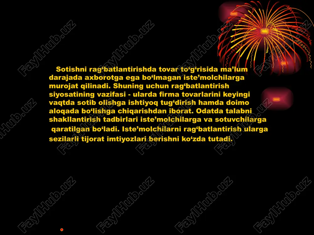 hilar, ta’minotchilar, aksionerlar, boshqaruv organlariga firmadan yuboriladigan signallar majmuini tushunamiz. kommunikatsiya siyosati (promotion mix) – bu tovarni bozorga siljitish usullari yig‘indisidir. kommunikatsiyaning asosiy vositalari bo‘lib pablik rileyshnz – jamoat bilan aloqa; reklama; sotishni rag‘batlantirish; maxsus ko‘rgazmalar; shaxsiy sotuv hisoblanadi. savdoni avj oldirish-shaxsiy reklama va shaxsiy savdoni to‘ldiruvchi hamma tovarni sotishni tezlashtirish va ma’lum kengaytirishga qaratilgan vaqtincha choralarni o‘z ichiga oladi. jamoatchilik bilan aloqa - aniq maqsadga qaratilgan xarajatlar yordamida tashkilot va uning turli auditoriyalari orasida, o‘zaro bir-birini tushunish va ishonchli ruxiy holat yaratishga xizmat qiladi. bu yerdagi kommunikatsiyaning maqsadi faqat sotishgina emas, balki firma faoliyatini qo‘llab-quvvatlash hamdir. bu an’anaviy muloqot vositalaridan tashqari quyidagi bevosita kommunikatsiya turlari: salonlar, yarmarkalar, ko‘rgazmalar, pochta orqali tarqatish, telemarketing, kataloglar orqali savdo ham mavjud. foydalanilgan saytlar: https://uz.wikipedia.org/wiki/marketing_kommunikatsiyalari https://soff.uz/product/iqtisodiyot-kommunikatsiya-siyosati-2 https://www.collegesidekick.com/study-docs/6850856 https://slib.uz/uz/article/view?id=17024 https://bestjournalup.com/index.php/ispc/article/view/763 11 image1.jpeg image2.jpeg image3.jpeg /docprops/thumbnail.jpeg
