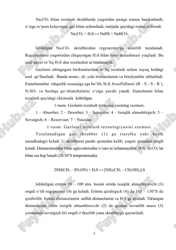 ladi. gazlar tarkibidagi oltingugurt birikmalarini yuqoriga qarab 2- va undan yuqori bosqichli tozalashni amalga oshiriladi. jarayonni kamchiliklaridan biri, gazni katta tezlikda harakati tufayli ko‘pik hosil bo‘lishi ko‘payib (penoobrazovanie) reagentni chiqib ketishi (u bilan) ortadi. gazlarni suyuq yutuvchilar bilan quritish ko‘p tarqalgan usullardan biridir. bunda har qanday bosimdagi gazlarni quritish mumkin. quritish usuli gazlarni h2s dan tozalash texnologiyasi bilan bir vaqtda amalga oshirilmoqda. suyuq yutuvchilar – etilenglikollap yordamida tozalash. etilenglikol o‘zida suvni yaxshi yutadi. bunda 60% etilenglikol, 20%-monoetanolamin, 20% - n2o dan iborat yutuvchi ishlatiladi. gazni namligi va h2s ni mikdoriga qarab, deg va mea lar mikdori yutuvchida o‘zgartiriladi. bu usul t = - 20°s past bo‘lgan sharoit uchun ishlatiladi. s va h2so4 ni gazlardan olinishi. gazlarni tozalashdan chiqadigan h2s dan foydalanib, s va h2so4 olinishi mumkin. s-ni olish uchun bir necha usul qo‘llaniladi. masalan: h2s 260°s da havo aralashmasm bilan reaktorlarda fe katalizatorlaridan o‘tkaziladi. bunda: 2h2s + o2 = 2n2o …