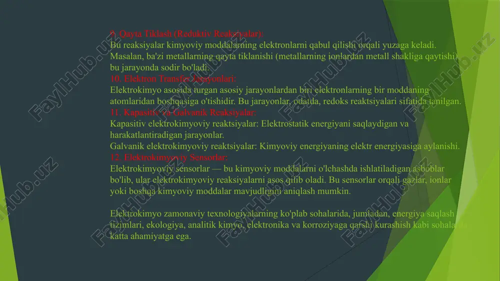 o'lsa, ular o'zaro almashinish jarayonlarini amalga oshiradi. bu jarayonlar ph, konsentratsiya yoki haroratga qarab o'zgarishi mumkin. elektrokimyoviy potensial: ionlar bir-biriga nisbatan elektrokimyoviy potensialni hosil qiladi, bu esa kimyoviy reaktsiyalarni boshqaradi. 4. galvanik hujayralarda jarayonlar: galvanik hujayralarda eritmada sodir bo'ladigan elektrokimyoviy jarayonlar, elektr toki ishlab chiqarish uchun kimyoviy energiyani ishlatadi. galvanik hujayralarda oksidlanish va reduktsiya reaksiyalari asosan ikki elektrod bo'ylab sodir bo'ladi: anodda oksidlanish: eritmada erigan metall ionlari elektron yo'qotadi va anodda metallga aylanishi mumkin. masalan, sinkning eritmada sodir bo'ladigan oksidlanish reaksiyasi: katodda reduktsiya: eritmada erigan kationlar elektronlar qabul qilib, metallga aylanadi. masalan, mis ionlarining reduktsiyasi. 5. eritmadagi ph va elektron almashinuvi: eritmadagi ph darajasi va ion konsentratsiyasi elektrokimyoviy jarayonlarga katta ta'sir ko'rsatadi. ph darajasi kislotalilik yoki asosiylikni bildiradi va bu moddaning oksidlanish yoki reduktsiya reaksiyalarini o'zgartirishi mumkin. kislotali muhitda: kislotali muhitda (ph 7) elektrokimyoviy jarayonlar boshqacha ko'rinishda bo'lishi mumkin. 6. eritmada koroziya (korrozion) jarayonlari: korrozion — bu metallar va boshqa …