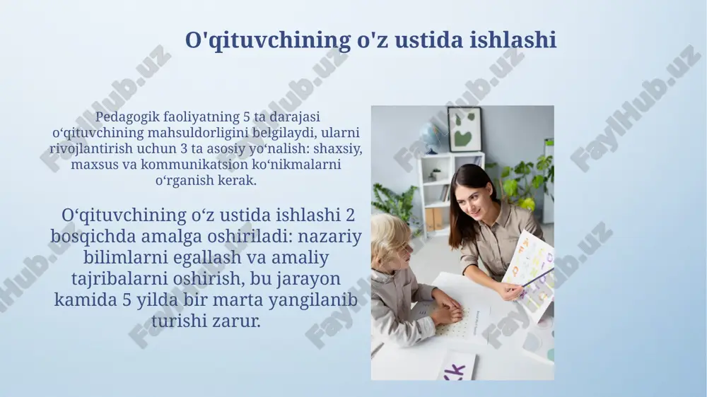 hining o'zi. pedagogik faoliyatning psixologik xususiyatlari pedagogik faoliyat 5 ta darajada – minimal reproduktivdan eng yuqori modellashtirilgan tizimli faoliyatgacha – tasniflanadi, bu o'qituvchining ta'lim samaradorligini ko'rsatadi. pedagogik faoliyat motivatsiya, maqsad, vositalar, usullar, mahsulot va natija kabi psixologik komponentlarni o'z ichiga oladi, bu esa o'quv jarayonini samarali tashkil etishda muhim rol o'ynaydi. pedagogik muloqotning psixologik jihatlari samimiy va ochiq muloqot o'rnatish, o'qituvchining kamida 2 ta asosiy vositasini (faol tinglash va konstruktiv fikr bildirish) qo'llash orqali o'quvchilarning intellektual va ijtimoiy rivojlanishiga ijobiy ta'sir ko'rsatadi. pedagogik muloqotda o'qituvchining empatiya qobiliyati, kamida 3 darajada (pastroq, o'rtacha, yuqori) baholanadi va bu o'quvchilar bilan munosabatlarning samaradorligiga ta'sir qiladi. e'tiboringiz uchun rahmat @taqdimot_robot image4.png image5.jpg image6.jpg image7.jpg image8.jpg image9.jpg image10.jpg image11.jpg image12.jpg image13.jpg image14.jpg image15.jpg image16.jpg image17.jpg image18.jpg image19.jpg image20.jpg image3.jpeg