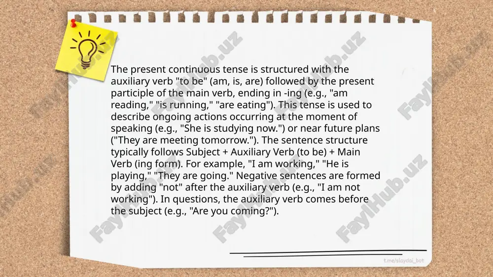 yllable verbs where the stress is on the final syllable, double the consonant (e.g., "begin" becomes "beginning"). 6. **'c' ending**: if a verb ends with "c", add a "k" before "-ing" (e.g., "picnic" becomes "picnicking"). present continuous uchun aniq malumot yoz jumaboyeva sevinch thank you for your attention! image1.png image2.png image3.png image4.jpg image5.png image6.png image7.jpg /docprops/thumbnail.jpeg