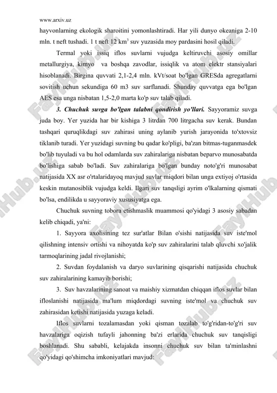 g qisqarishi natijasida chuchuk suv zahiralarining kamayib borishi; 3. suv havzalarining sanoat va maishiy xizmatdan chiqqan iflos suvlar bilan ifloslanishi natijasida ma'lum miqdordagi suvning iste'mol va chuchuk suv zahirasidan ketishi natijasida yuzaga keladi. iflos suvlarni tozalamasdan yoki qisman tozalab to'g'ridan-to'g'ri suv havzalariga oqizish tufayli jahonning ba'zi erlarida chuchuk suv tanqisligi boshlanadi. shu sababli, kelajakda insonni chuchuk suv bilan ta'minlashni qo'yidagi qo'shimcha imkoniyatlari mavjud: 1. yer osti suvlaridan foydalanish. 2. muzlik suvlaridan foydalanish. 3. okean va dengiz suvlaridan foydalanish. 4. yomg'ir suvlaridan foydalanish. 1. ma'lumki, er osti suvlarining miqdori 60 mln. km3 suv bo'lib, butun gidrosferaning 4,12% ini tashkil etadi. bu katta zahira hisoblanadi. lekin er osti suvlaridan hozircha foydalanish koeeffisienti past. masalan, o'rta osiy va janubiy qozog'istonda er osti suvlarining ekspluatasion zahirasi 67,6 km3 bo'lib, shuning 22 km3 qirg'izistonga, 1,2 km3 turqmanistonga va 3,8 km3 tojikistonga to'g'ri keladi. 2. sayyoramizdagi umumiy suvning miqdorinining 1,65%i muzliklardagi suv tashkil qiladi. muzliklarda 24,0 …