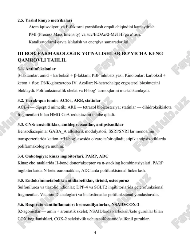 erlash. 3.5. endokrin/metabolik: antidiabetiklar, tirioid, osteoporoz sulfonilurea va tiazolidindionlar; dpp-4 va sglt2 ingibitorlarida geterofunksional fragmentlar. vitamin d analoglari va bisfosfonatlar polifunksional yondashuvdir. 3.6. respirator/antiinflamator: bronxodilyatorlar, nsaid/cox-2 β2-agonistlar — amin + aromatik skelet; nsaidlarda karboksil/keto guruhlar bilan cox bog‘lanishlari, cox-2 selektivlik uchun sulfonamid/sulfonil guruhlar. 3.7. antiviral: hiv, hcv, rsv va boshqalar nukleozid/nukleotid analoglari va proteaza/polimeraza ingibitorlarida ko‘p funksional markazlar mavjud bo‘lib, selektivlik va farmakokinetikani muvozanatlashtiradi. 3.8. case studies: kengaytirilgan ro‘yxat dori (sinfi) nishon funksional guruhlar admet eslatma izoh enalapril (ace-i) ace ester, amid, karboksil pro-dori; biofoydalanish ↑ dipeptid mimetik lisinopril (ace-i) ace karboxil, amin gidrofil; per os pro-dori emas losartan (arb) at1 tetrazol, bifenil pb yuqori bioizosteriya valsartan (arb) at1 tetrazol, karboksil pb juda yuqori polianion markaz atorvastatin (statin) hmg-coa red. dihidroksikislota cyp o‘zaro ta’sir lipit pasaytiruvchi levofloksasin (kinolon) dna gyr/topo iv cooh, keton, f zwitterion, chelat keng spektr flukonazol (azol) cyp51 triazol, difenil cyp ddi qo‘ziqorinlarga qarshi omeprazol (ppi) h+/k+ …