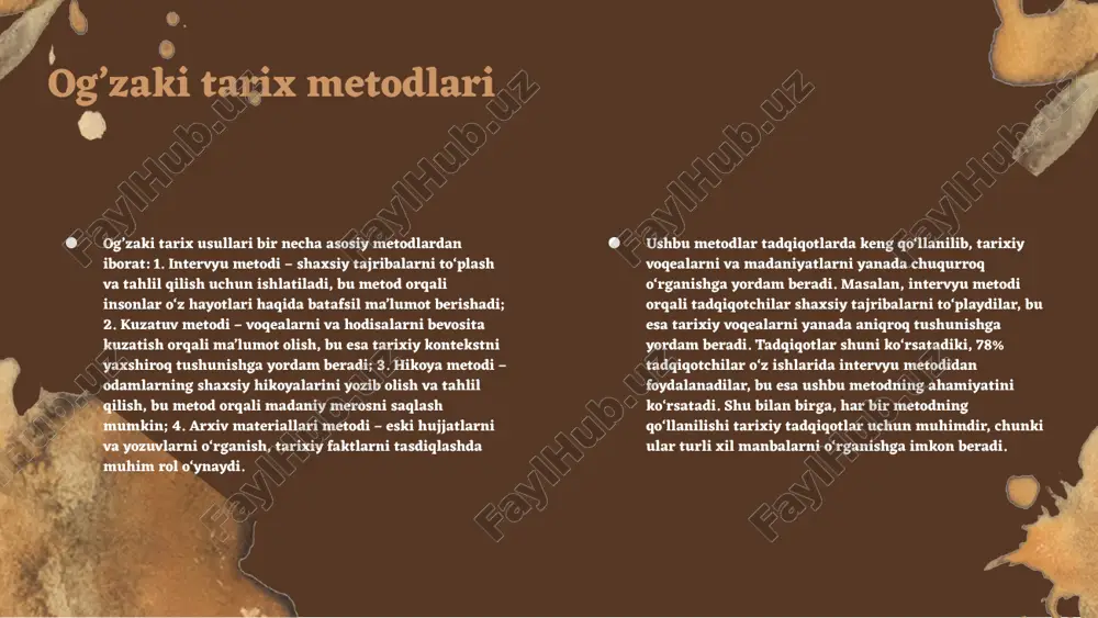 uchun tavsiyalar**: og’zaki tarix metodlarini yanada rivojlantirish uchun, yangi texnologiyalarni qo’llash, keng qamrovli tadqiqotlar o'tkazish va xalqaro tajribalarni o’rganish tavsiya etiladi. photo by chahriar hariri on unsplash e'tiboringiz uchun rahmat! image1.png image2.png image3.png image4.png image5.png image10.jpg image7.jpg image6.png image11.jpg image12.jpg image13.jpg image9.png