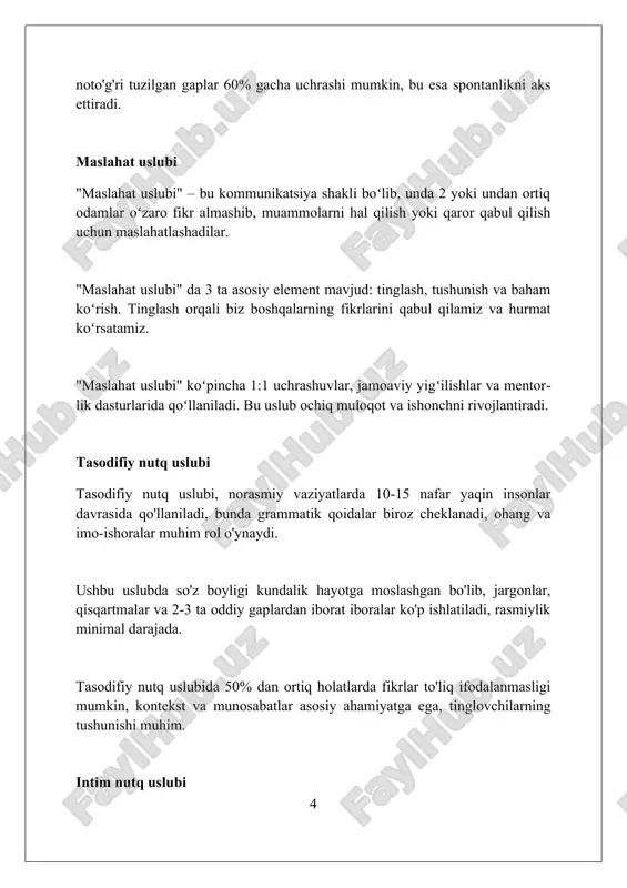 ayli o'qish qiyin bo'lishi mumkin, tushunish darajasini pasaytiradi. norasmiy nutq uslubi yaqinlikni oshiradi, lekin grammatik xatolar va noaniqlik xavfini tug'diradi, ayniqsa professional muhitda qabul qilinishi past. konsultativ uslub o'zaro aloqani rag'batlantiradi, lekin tinglovchilar tajribasi etarli bo'lmaganda, tushunmovchiliklar 30% gacha ko'payishi mumkin. nutq uslublarini aniqlash va tahlil qilish nutq uslublarini aniqlashda matnning leksik tarkibi muhim, ya'ni so'zlarning ma'noviy xususiyatlari, masalan, 3-shaxs birlik fe'llari, stilistik xususiyatlarni belgilaydi. funksional uslublarni tahlil qilishda 5 asosiy element: vaziyat, maqsad, auditoriya, mavzu va kanal muhim. uslub o'zgarishi 15 foizgacha moslashuvni ko'rsatishi mumkin. tahlilning pragmatik aspekti nutq harakatlarini o'rganadi. masalan, direktiv, komissiv va ekspressiv aktlar munosabatlarni aks ettirib, matnning uslubiy mohiyatini 100% ochib beradi. xulosa xulosa, nutq uslublarida, muloqotning so'nggi bosqichidir va unda asosiy fikrlar 1-2 jumla bilan umumlashtiriladi, maqsad esa tinglovchilarning xotirasida saqlanib qolishdir. xulosada 3 ta asosiy element mavjud: asosiy tezisning takrorlanishi, dalillarning qisqacha takrorlanishi va tinglovchilarni harakatga undash, bu esa ularning tushunishini 100% ta'minlaydi. …