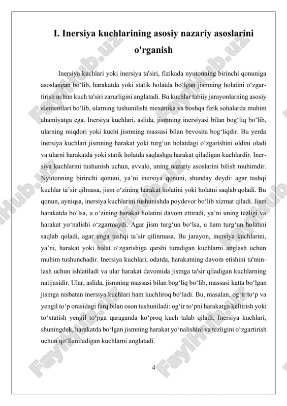 y qo‘llanilishi, insonlarning kundalik hayoti va zamonaviy texnologik rivojlanish uchun asosiy asoslarni tashkil etadi. ularni chuqur tushunish, yangi materiallar va texnologiyalar yordamida, inersiya kuchlarini boshqarish va kamaytirish imkoniyatlarini kengaytiradi, bu esa, xavfsizlikni ta'minlash va energiya samaradorligini oshirish uchun muhim ahamiyatga ega. shuningdek, ularning nazariy va amaliy tomonlarini kengaytirish, inson va texnologiyalar uchun yanada xavfsiz va samarali tizimlar yaratishga yordam beradi. inersiya kuchlari – mexanikada jismlarning harakati bilan bog‘liq, bevosita tashqi kuchlarga bog‘liq bo‘lmagan, lekin noinersial (tezlanayotgan yoki burilayotgan) tizimlarda harakatni tahlil qilishda inobatga olinadigan kuchlardir. ular haqiqiy kuchlar emas, balki hisoblash qulayligi uchun kiritiladigan tasavvuriy kuchlar hisoblanadi. noinersial tizimda harakatni to‘g‘ri tahlil qilish uchun jismga go‘yoki qo‘shimcha kuch ta’sir qilayotgandek qaraladi. shu qo‘shimcha kuch inersiya kuchi deb ataladi. bu kuch jismning tezlanishiga qarama-qarshi yo‘nalgan bo‘ladi va harakatdagi o‘zgarishga qarshilik ko‘rsatadigan kuch sifatida tasvirlanadi. fizikada harakatning asosiy qonunlari nyuton tomonidan shakllantirilgan bo‘lib, bu qonunlar jismlarning qanday harakat qilishini tushuntirishda muhim o‘rin …