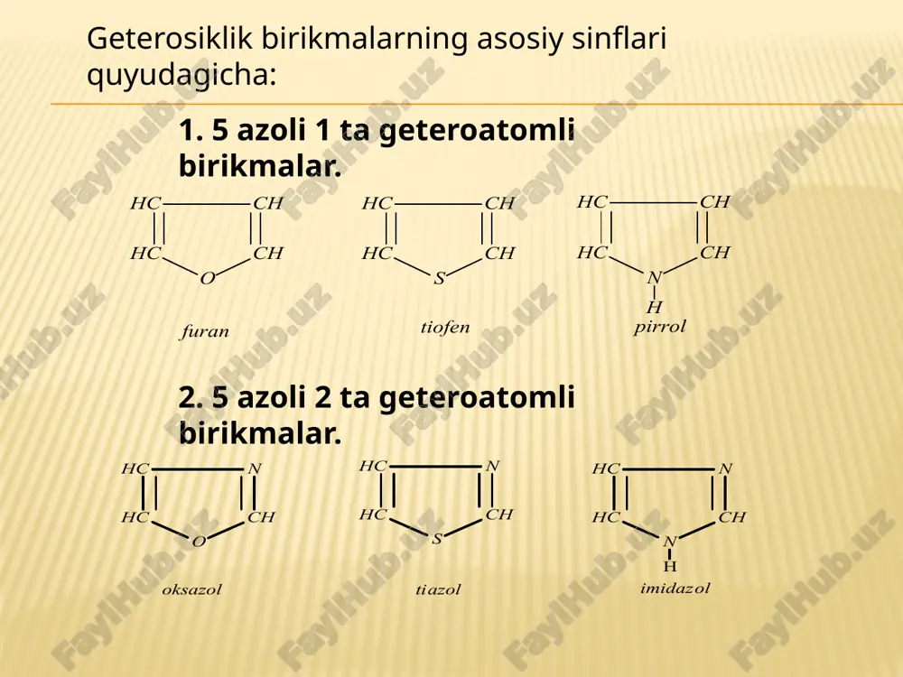 an unqernia victoris“ (omon qora) o‘simligining yer ustki qismidan (toshkent kimyo farmatsevtika zavodida) olinadi. galantamin vodorod bromid tuzi tibbiyotda bolalarni shol kasalliklaridan (poliomiyelit) davolashda ishlatiladi. uni xlorid kislota bilan ishlab, metilopogalantamin preparati olinadi, u qon bosimni tushiruvchi dori sifatida keng ishlatiladi. kofein — choy bargini qayta ishlash sanoatida choy barglari chiqindisidan olinadi. u oq kristall bo‘lib, 234—237°c eriydi, tibbiyotda markaziy nerv sistema ishlarini yaxshilashda keng ishlatiladi. e’tiboringiz uchun rahmat image4.jpeg image5.wmf image6.wmf oleobject1.bin oleobject2.bin image7.wmf image8.wmf oleobject3.bin oleobject4.bin image9.wmf image10.wmf oleobject5.bin oleobject6.bin image11.wmf oleobject7.bin image12.wmf oleobject8.bin image13.wmf oleobject9.bin image14.wmf oleobject10.bin image15.wmf oleobject11.bin image16.wmf oleobject12.bin image17.wmf oleobject13.bin image18.wmf image19.wmf oleobject14.bin oleobject15.bin image20.wmf oleobject16.bin image21.wmf oleobject17.bin