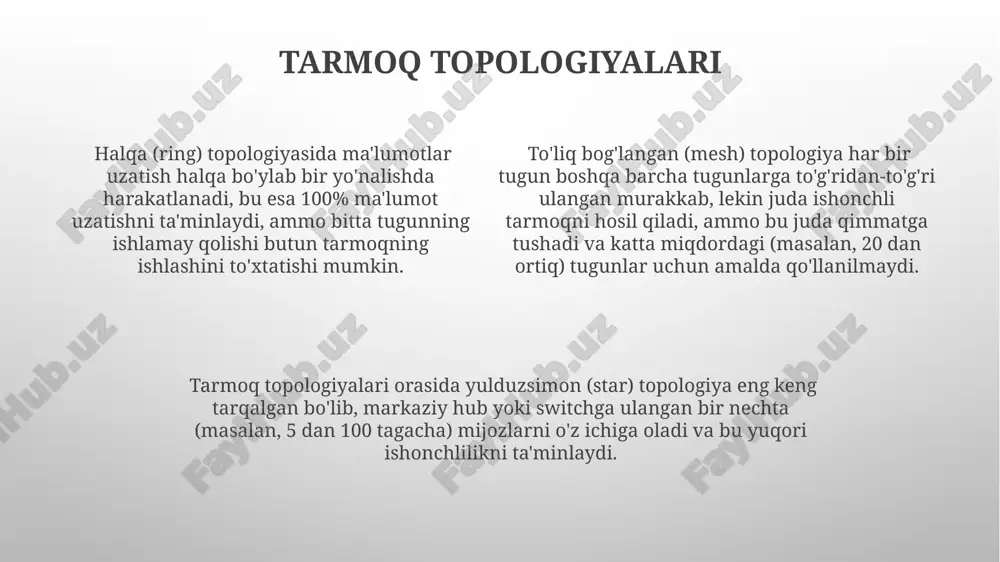dan yuqori tezlikdagi ulanishlarni qo'llab-quvvatlash imkoniyati ko'rsatilishi kerak. tarmoqning fizik infratuzilmasi, ya'ni kabellar (masalan, simsiz, optik tolali va mis kabellar) turi va ularning uzunligi, shuningdek, 100 dan ortiq qurilmalarni ulash uchun kerak bo'ladigan switchdir soni hujjatlarda aniq ko'rsatilishi lozim. xavfsizlik siyosati, jumladan, parol murakkabligi talablari, 2 omilli autentifikatsiya va xavfsizlik devori konfiguratsiyasi kabi muhim parametrlar batafsil tavsiflanishi va kamida 5 ta xavfsizlik choralari ko'rsatilishi zarur. kabel turlari va ulanishlar коаксиал кабеллар, masalan rg-59 va rg-6, телевидение ва видеосигналларни узатиш учун ишлатилади, уларнинг импеданси 75 ом бўлади ва узатиш сифатига таъсир этади. кабеллар турларидан cat5e ва cat6 стандартлари 100 мбит/с ва 1 гбит/с тезликдаги маълумот узатишни таъминлайди, узунлиги 100 метрдан ошмаслиги керак. оптик толали кабеллар (fiber optic) юқори тезликдаги маълумот узатиш учун ишлатилади ва 10 гбит/с ва ундан юқори тезликни таъминлайди, уларнинг узунлиги километрларга етиши мумкин. tarmoq diagnostikasi tarmoqdagi bandlikni tahlil qilishda, masalan, 80% dan yuqori foizli bandlik tarmoq tıkanıklığını ko'rsatadi …