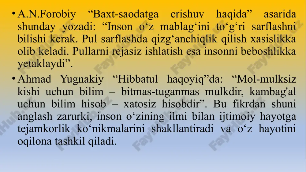 , dastavval, oila budjeti va iqtisodiy qudrati eng muhim asoslardan ekanligi hech kimga sir emas. shu sababli oila budjeti to‘g‘risidagi ma’lumotlarni keltirib o‘tamiz. oila budjeti. inson shaxs sifatida shakllandimi, endi u oilaga va jamiyatga xoh iqtisodiy, xoh ma’naviy jihatdan bo‘lsin foydasi tegishini o‘ylab sa’y- harakatlarni qilishi lozim. ayniqsa, shaxs oilali bo‘lganida oila iqtisodiy qudratini mustahkamlash asosiy vazifa bo‘lish kerak. oila budjetini mustahkamlash va sarflashda quyidagilarga e’tibor berib borish zarur: • oilaviy ehtiyoj; • oilaviy orzu-havas; • oila ravnaqini o‘ylash va shu kabilar. bunda oilaviy ehtiyoj zarur, uni bajarishga harakat qilish kerak. oilaviy orzu-havas, oila ravnaqi uchun imkoniyat darajasida harakat qilish lozim. demak, iqtisodiy tarbiyani oiladan boshlash talab qilinadi. bu orqali oilasiga va qolaversa, shaxsan o‘ziga tegishli bo‘lgan imkoniyat hamda ne’matlarning qadr-qimmatiga etishga erishiladi. e’tiboringiz uchun rahmat. image1.png image2.jpg image3.jpeg /docprops/thumbnail.jpeg