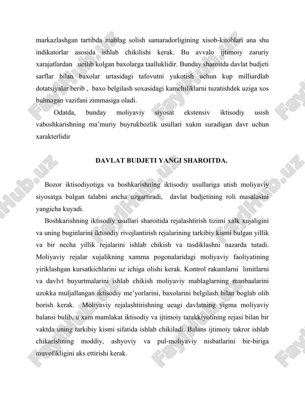 tining bir kismini, unga karashli korxona , tashkilotlaning pul fondiga aylantirib, ularning iktisodiy usishni ta’minlash, jamiyat a’zolari umumiy extiyojini kondirish, mamlakatni idora etish uchun taksimlash va ishlatish borasidagi munosabatlar. davlat moliyasi tarkiban : 1. davlat budjetidan, 2. budjetdan tashkari uyushtirilgan pul fondlari, 3. davlat krediti, 4. davlat korxonalari moliyasidan iborat. bu yerda makro va mikro moliya munosabatlari chatishib ketadi. agar davlatga tegishli korxona moliyasi amalda mikromoliya bulsa, aytlgan boshka unsurlar makromoliyani tashkil etadi. davlat moliyasi daromadlar va xarajatlarning yaxlitligidan iborat. davlat daromadlari – bu milliy daromadni va boylikni taksimlash va kayta taksimlash jarayonida uning davlatga tekkan kismidir. u bevosita davlat ixtiyoridagi va davlat korxonalari kulidagi daromaddan iborat buladi. davlat daromadlari ichki va tashki munosabatlardan tushadi, ammo asosiysi ichki manbadir. ichki manbaning 3 shakli mavjuddir: 1. soliklar, 2. zayomlar, 3. emissiya. soliklar – milliy daromadni taksimlash va kayta taksimlash jarayonida uning bir kismini davlat ixtiyoriga olish shaklidir. soliklar uch xil funksiyani …