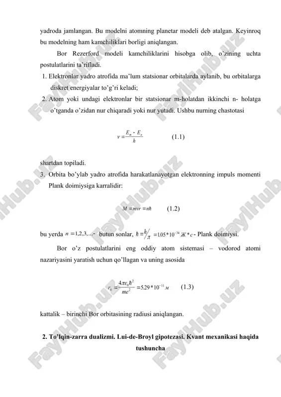 zlik bilan harakatlansa, uning to’lqin uzunligi (2.2) bilan aniqlanadi. mikrozarralar dunyosining o’ziga xos xususiyatlaridan biri – diskret energetik sathlarning mavjudligidir. buni faqat kvant mexanikasi tushuntirib bera oladi. demak, mikrozarralar dunyosini va ularning harakatlarini faqatgina kvant fizikasi asosida tushuntirish mumkin ekan. kvant mexanikasi esa kvant fizikasining matematik apparatidiar. diskret holatlarning mavjudligini kvant mexanikasining asosiy tenglamasi – shredinger tenglamasini yechib hosil qilish mumkin. shredinger tenglamasining yechimi bo’lgan (psi) - to’lqin funksiya yordamida mikrozarralarning harakati haqida ma’lumotlarni olish mumkin. u mikrodunyodagi zarralarning holat funksiyasi hisoblanib, zarralarning kvant holatlari bo’yicha taqsimotini aks ettiradi. 3. eletron spini. atom sistemasini xarakterlovchi kvant sonlari. pauli prinsipi yadro atrofida orbita bo’ylab aylanayotgan elektron impuls momentiga ega bo’lib, u orbital moment ( ) deb yuritiladi. uning modulini (3.1) orqali topiladi. buerdagi l kattalik orbital kvant soni bo’lib, u ( n – bosh kvant soni ) qiymatlarni qabul qiladi. elektron orbital momentini z o’qidagi proeksiyasi uchun (3.2) o’rinli bo’ladi. bu …