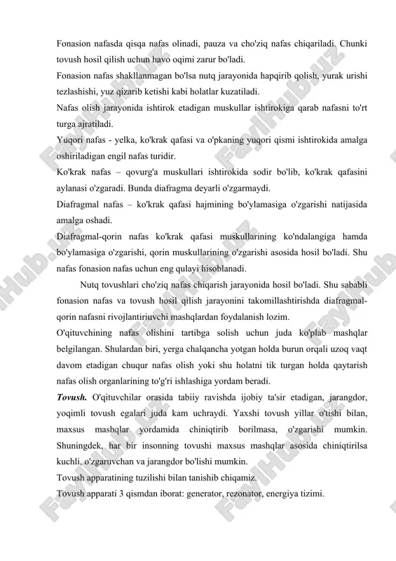 a qaytarish nafas olish organlarining to'g'ri ishlashiga yordam beradi. tovush. o'qituvchilar orasida tabiiy ravishda ijobiy ta'sir etadigan, jarangdor, yoqimli tovush egalari juda kam uchraydi. yaxshi tovush yillar o'tishi bilan, maxsus mashqlar yordamida chiniqtirib borilmasa, o'zgarishi mumkin. shuningdek, har bir insonning tovushi maxsus mashqlar asosida chiniqtirilsa kuchli, o'zgaruvchan va jarangdor bo'lishi mumkin. tovush apparatining tuzilishi bilan tanishib chiqamiz. tovush apparati 3 qismdan iborat: generator, rezonator, energiya tizimi. generator tizim – tovushni generasiyalaydi, tovush paylarida va og'iz bo'shlig'ida sodir bo'ladi. tovushlarni tonal va shovqin tovushlarga ajratadi. rezonator tizimga halqum, og'iz va burun bo'shlig'i kiradi. u nutq dinamikligini ta'minlaydi. energetik tizimga yuqori nafas yo'llari kirib, tovush hosil qilishda ishtirok etadigan havo oqimining tezligi va hajmini ta'minlaydi. o'qituvchi tovushining muhim xususiyatlari tovush o'pkadan chiqayotgan havo oqimining tovush paylari tomonidan to'sib qolinishi natijasida hosil bo'ladi. tovushning muhim jihatlari tovush apparatining qay darajada shakllanganligiga bog'liq. o'qituvchi tovushining muhim jihatlariga quyidagilar kiradi: 1) tovushni ma'lum masofaga etkazish …