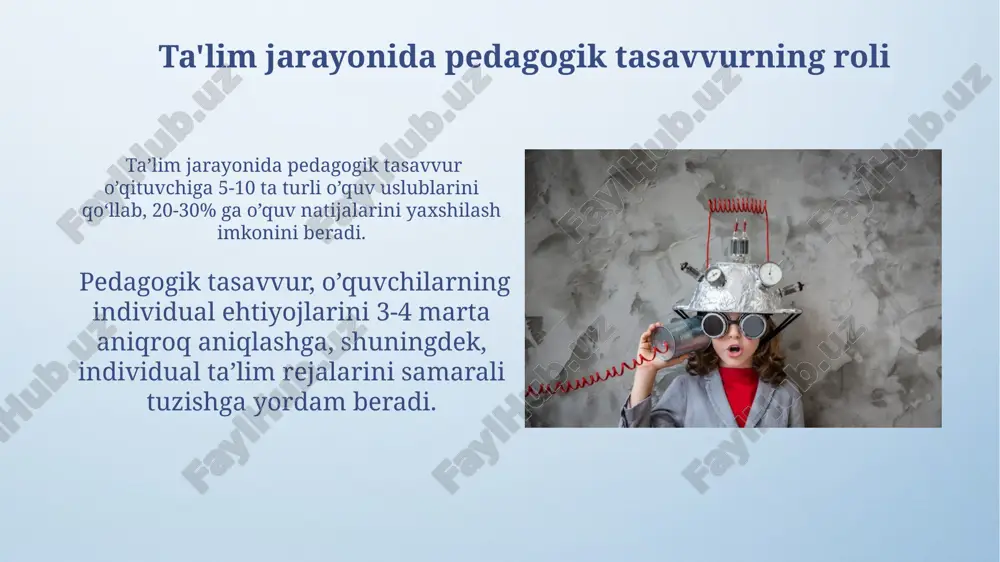 labalarga individual yondashuvni ta'minlash uchun kamida 2 ta turli o'quv uslubini qo'llash va ularning samaradorligini baholash orqali pedagogik tasavvurni rivojlantirish mumkin. pedagogik tasavvur va professional kompetensiya pedagogik tasavvur o’qituvchining 5 ta asosiy kompetensiyasi – ta’limni rejalashtirish, amalga oshirish, baholash, innovatsiyalarni qo’llash va o’z-o’zini rivojlantirish bilan chambarchas bog’liq. muvaffaqiyatli pedagogik tasavvurga ega o’qituvchi 70% hollarda talabalarning 80% dan yuqori darajada bilim olishini ta’minlaydi. baholash va pedagogik tasavvur baholash jarayonida o'quvchilarning 5 ta asosiy ko'nikmalarini baholash orqali pedagogik tasavvur rivojlanadi, bu esa o'qitish samaradorligini 20% ga oshiradi. "baholash va pedagogik tasavvur" modeli 3 bosqichdan iborat bo'lib, har bir bosqichda o'qituvchining 10 ta xususiyatini aniqlashga qaratilgan. kasbiy pedagogik tasavvurning samaradorligi kasbiy pedagogik tasavvurga asoslangan yangi pedagogik texnologiyalarni qo'llash o'quv jarayonining samaradorligini 20-25% ga oshirib, o'quvchilarning bilim va ko'nikmalarini rivojlantirishga ijobiy ta'sir ko'rsatadi. kasbiy pedagogik tasavvur o'qituvchilarning 30% ga yaqinida darslarni innovatsion usullar bilan tashkil etishga va o'quvchilarning faol ishtirokini ta'minlashga yordam beradi, natijada …