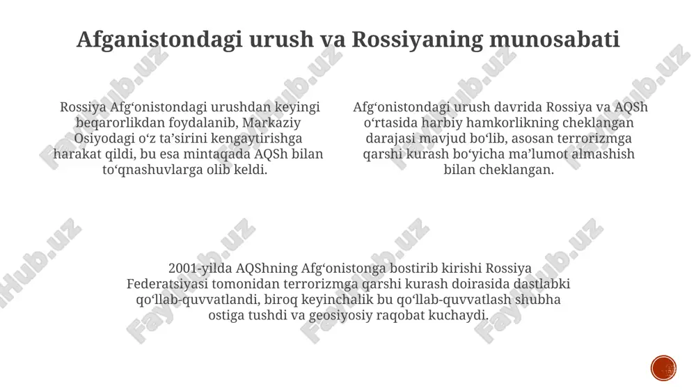 sohasidagi hamkorlikka qaramay, gaz quvurlari loyihalari atrofida geosiyosiy raqobat kuchayib bordi, bu esa mintaqaviy beqarorlikka olib keldi. “nord stream” va “south stream” kabi yirik gaz quvurlari loyihalari yevropa ittifoqining energetika xavfsizligiga rossiyaning ta’sirini oshirdi va shu bilan birga, geosiyosiy manevr qilish imkoniyatini kengaytirdi. rossiya 21-asr boshlarida gaz eksportidan 150 milliard dollarga yaqin daromad oldi, bu esa uning geosiyosiy ta’sirini sezilarli darajada oshirdi va energetika resurslarini geosiyosiy qurol sifatida ishlatish imkoniyatini berdi. 9/11 terroristik hujumlarining ta’siri 2001 йилдан кейинги даврда ақшнинг россияга нисбатан ядровий қуролларни камайтириш бўйича музокараларга бўлган ёндашуви ўзгариб, стратегик барқарорликка таъсир кўрсатди ва муносабатларнинг кескинлашувига сабаб бўлди. 9/11 ҳужумларидан кейин ақшнинг афғонистон ва ироққа қарши ҳарбий амалиётлари россия билан муносабатларга салбий таъсир кўрсатди, чунки россия бу ҳаракатларни минтақадаги беқарорликни кучайтирадиган деб ҳисоблади. 9/11 дан кейинги “терроризмга қарши уруш” доирасидаги ақшнинг глобал ҳарбий мавқеининг кучайиши россиянинг геосиёсий манфаатларига таҳдид сифатида баҳоланди ва икки давлат ўртасидаги ишончсизликни оширди. e'tiboringiz uchun …