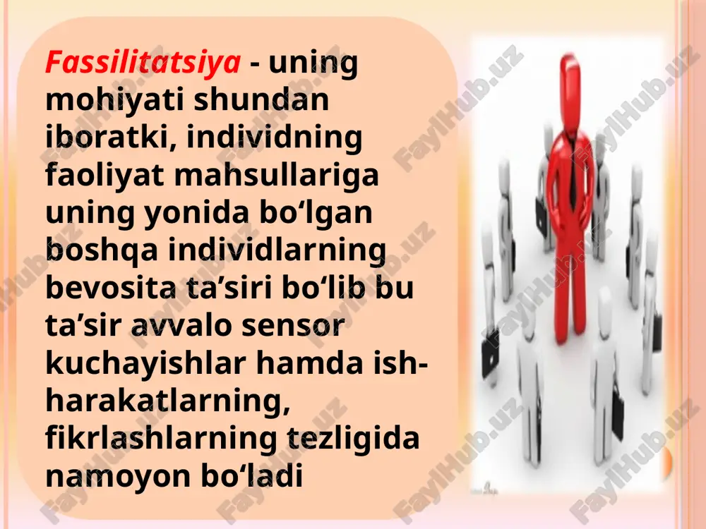 instrumental, ya’ni, aniq mehnat funksiyalarni amalga oshirishga imkon beruvchi muhit; v) ekspressiv - odamlarning o‘zgalarning tan olishlari, hurmatga sazovor bo‘lish, ishonch qozonishini ta’minlash; g) qo‘llab - quvvatlash, ya’ni, qiyin paytlarda, muammolar paydo bo‘lganda odamlarni birlashtirish funksiyasi kichik guruhlardagi dinamik jarayonlar ma’lumki, guruhda to‘plangan kishilar o‘rtasida doimiy muloqot va munosabatlar mavjud bo‘ladiki, ularning mazmuni va yo‘nalishiga ko‘ra, o‘ziga xos sotsial psixologik muhit shakllanadi. bu muhit guruhning taraqqiyotini ham, undagi turli jarayonlarni ham belgilaydi. guruhning dinamik jarayonlari deganda avvalo uning shakllanish jarayoni, liderlik va guruhda turli qarorlarni qabul qilish jarayoni, guruhning har bir shaxsga ta’siri kabilar tushuniladi. кичик гуруҳлар классификацияси шартли (номинал) реал (хақиқий) табиий; лаборатория типли расмий ва норасмий; кучсиз ривожланган ва кучли ривожланган; корпорация ва жамоалар; референт ва нореферент. ижтимоий психологик муҳит деганда, ўша гуруҳнинг аъзолари фикрлари, ҳиссиётлари, дунёқараши, установкалар ва ўзаро муносабатларидан иборат бўлган эмоционал-интеллектуал ҳолати тушунилди. гуруҳнинг шахсга ижобий таъсири ҳодисасини фасцилитация деб аталади. бунда шахс ўзидаги қобилият …