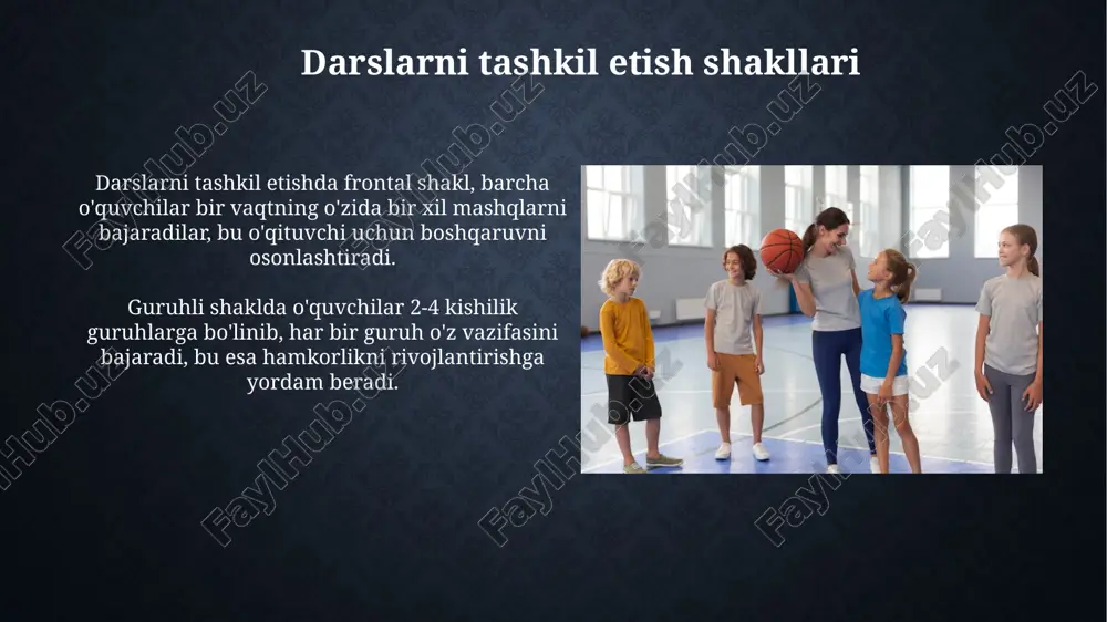 ing jismoniy tayyorgarlik darajasi baholanadi, natijalar asosida 2-3 ta guruh tuziladi va har bir guruhga alohida yuklama beriladi. innovatsion texnologiyalar innovatsion texnologiyalardan biri - bu "raqamli sport zali", unda sensorlar yordamida harakatlar tahlil qilinadi va real vaqtda 3d formatda feedback beriladi, bu esa texnikani yaxshilashga yordam beradi. "virtual reality" (vr) texnologiyasi darslarda qo'llanilishi mumkin, bu orqali o'quvchilar xavfsiz muhitda ekstremal sport turlarini (masalan, parashyutdan sakrash) simulyatsiya qilish imkoniyatiga ega bo'ladi. darsning tahlili va baholash dars tahlili 5 asosiy mezon asosida amalga oshiriladi: maqsadning aniqligi, didaktik materiallar sifati, uslublarning samaradorligi, o'quvchilarning faolligi va natijalarning baholanishi. baholash mezonlari orasida darsning tuzilishi (3 bosqich: tayyorgarlik, asosiy, yakuniy), vaqt taqsimoti (taxminan 45 daqiqa), hamda jismoniy yuklamaning mosligi hisobga olinadi. e'tiboringiz uchun rahmat image2.jpg image3.jpg image4.jpg image5.jpg image6.jpg image7.jpg image8.jpg image9.jpg image10.jpg image11.jpg image12.jpg image13.jpg image14.jpg image15.jpg image16.jpg image17.jpg image18.jpg