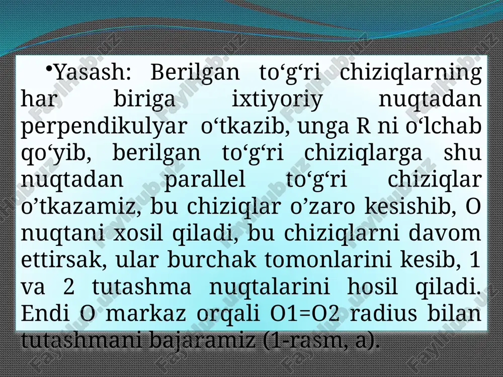 tomonida joylashgan. 9-rasmda ko‘rsatilgandek urinish nuqtasi tomonida joylashgan. 9-rasmda ko‘rsatilgandek bir juft markazlar qaramq-qarshi tomonda va biri o‘zining markaziga ega bo‘lib, urinish nuqtasi tomonida joylashgan. 9-shakl e’tiboringiz uchun raxmat!!! audio1.wav audio2.wav audio3.wav image2.jpeg image3.jpeg image4.png image5.jpeg image6.png audio4.wav image7.png image8.png image9.png image10.jpeg image11.jpeg /docprops/thumbnail.jpeg